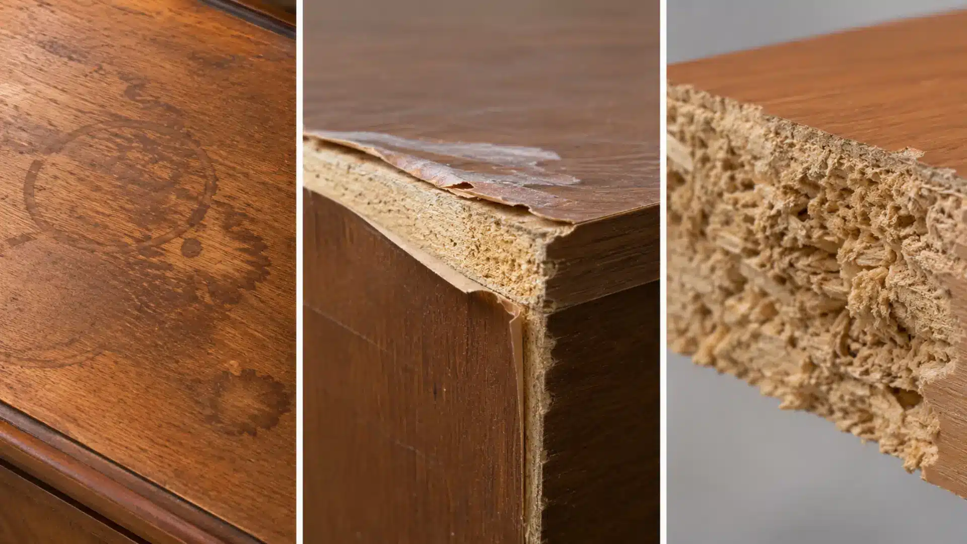 a close-up trifold photograph showing three types of furniture damage that beginners should avoid when furniture flipping, with the left panel displaying a wooden dresser surface with dark water stain rings and warped wood grain, the center panel showing furniture edge veneer peeling and bubbling away to expose raw particle board beneath, and the right panel showing a cross section of particle board with crumbling edges and visible compressed sawdust texture, all evenly lit with clean natural light