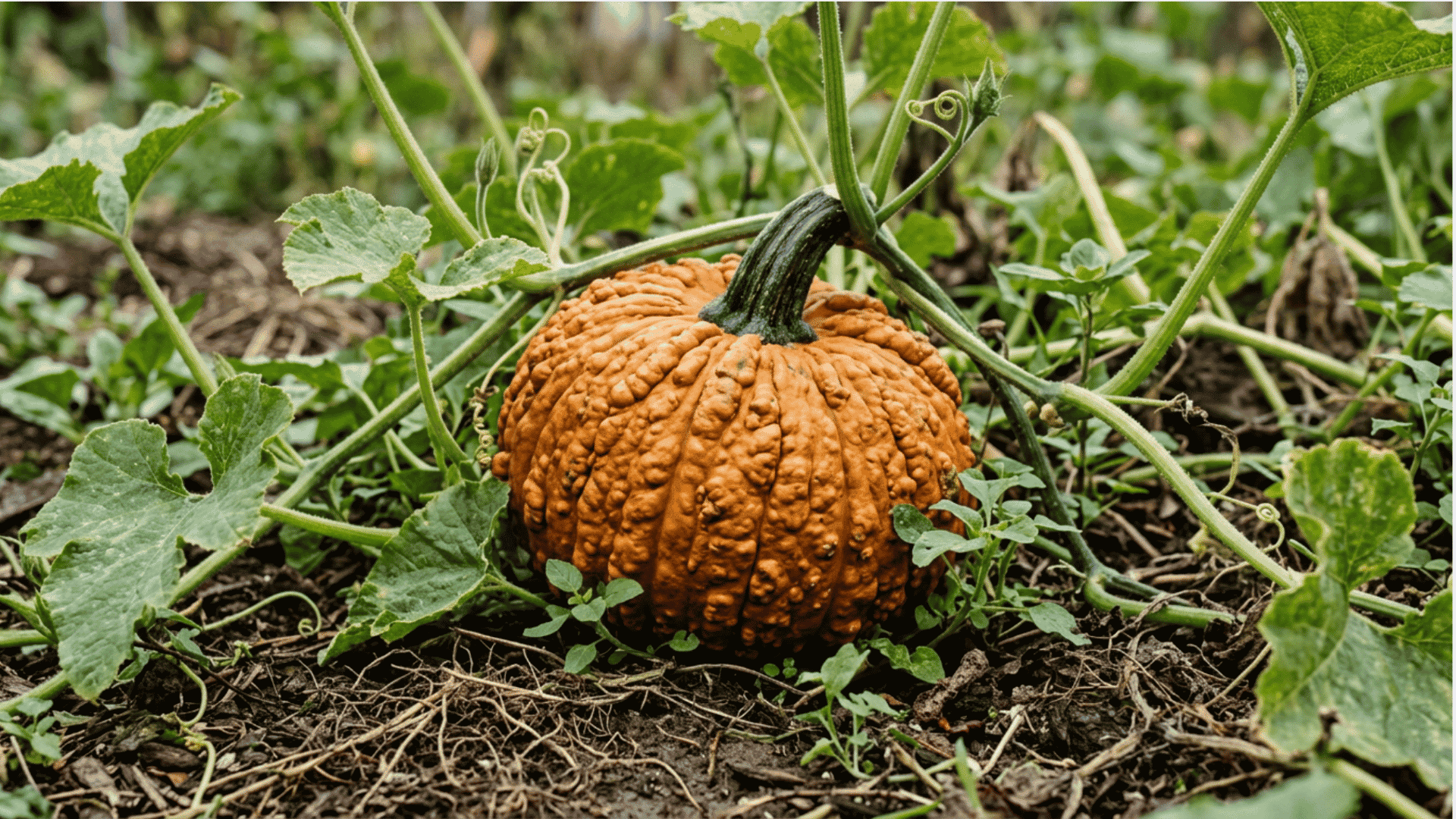 knucklehead pumpkin growing on dark garden soil surrounded by green vines curling tendrils