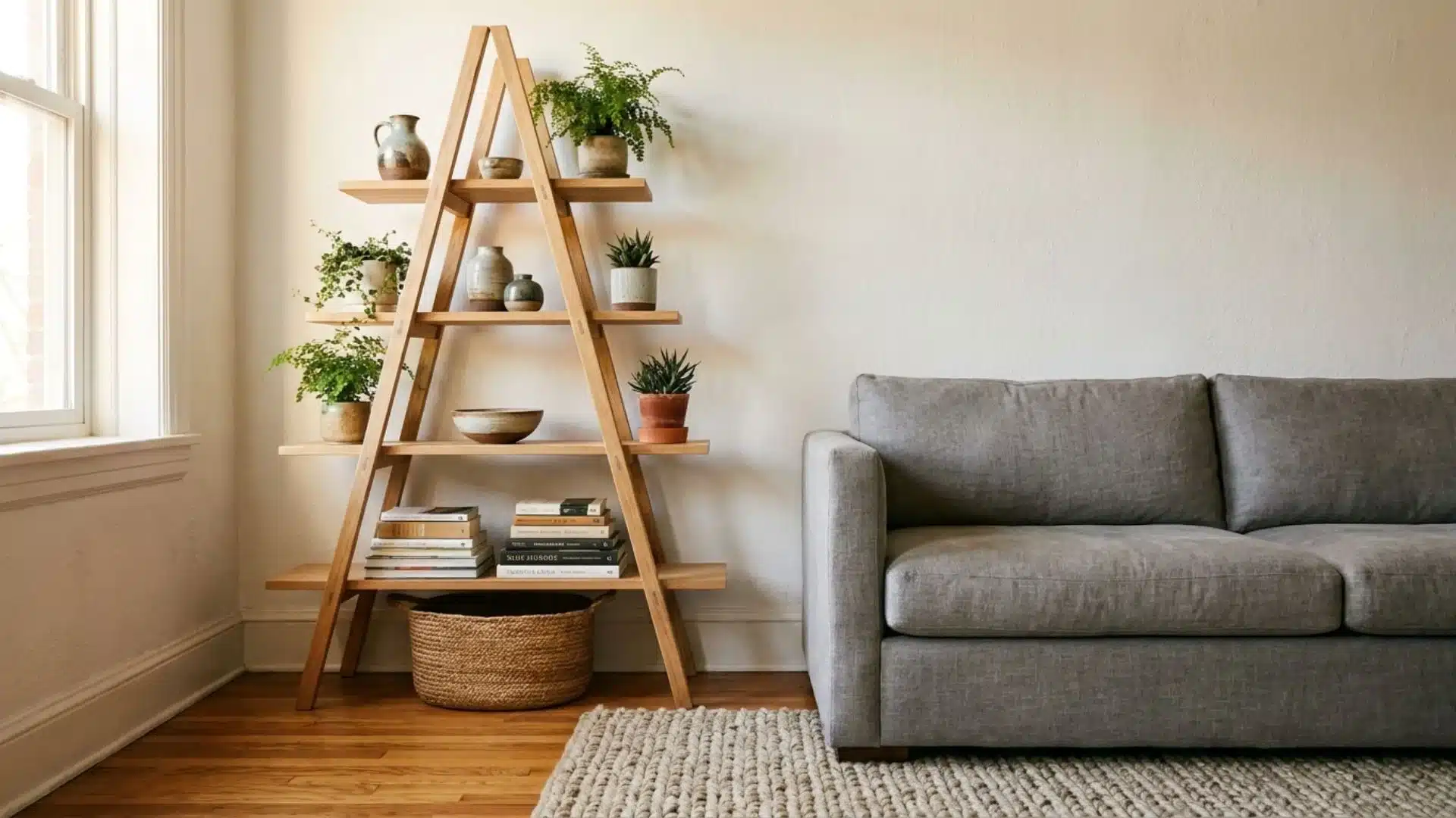 a wooden ladder shelf styled with plants, pottery, and books beside a gray sofa for compact decorative storage