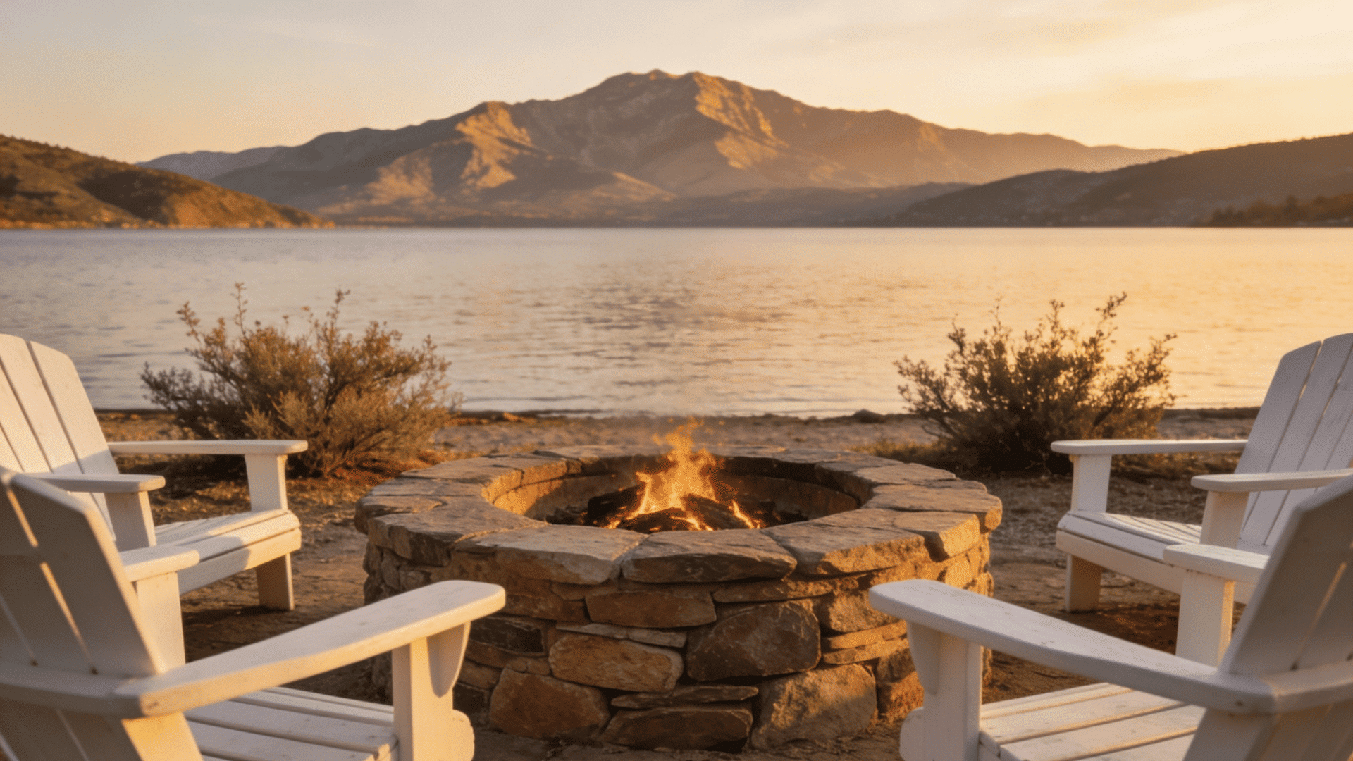 lakeside fire pit with Adirondack chairs, offering a serene view of the mountains at sunset.