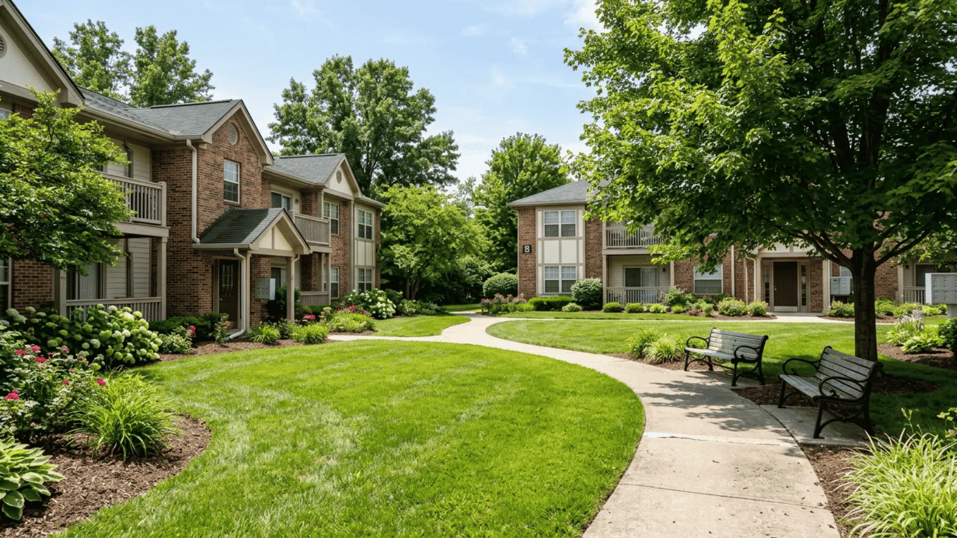 landscaped apartment courtyard with brick buildings green lawn curved walkway benches trees and blooming shrubs