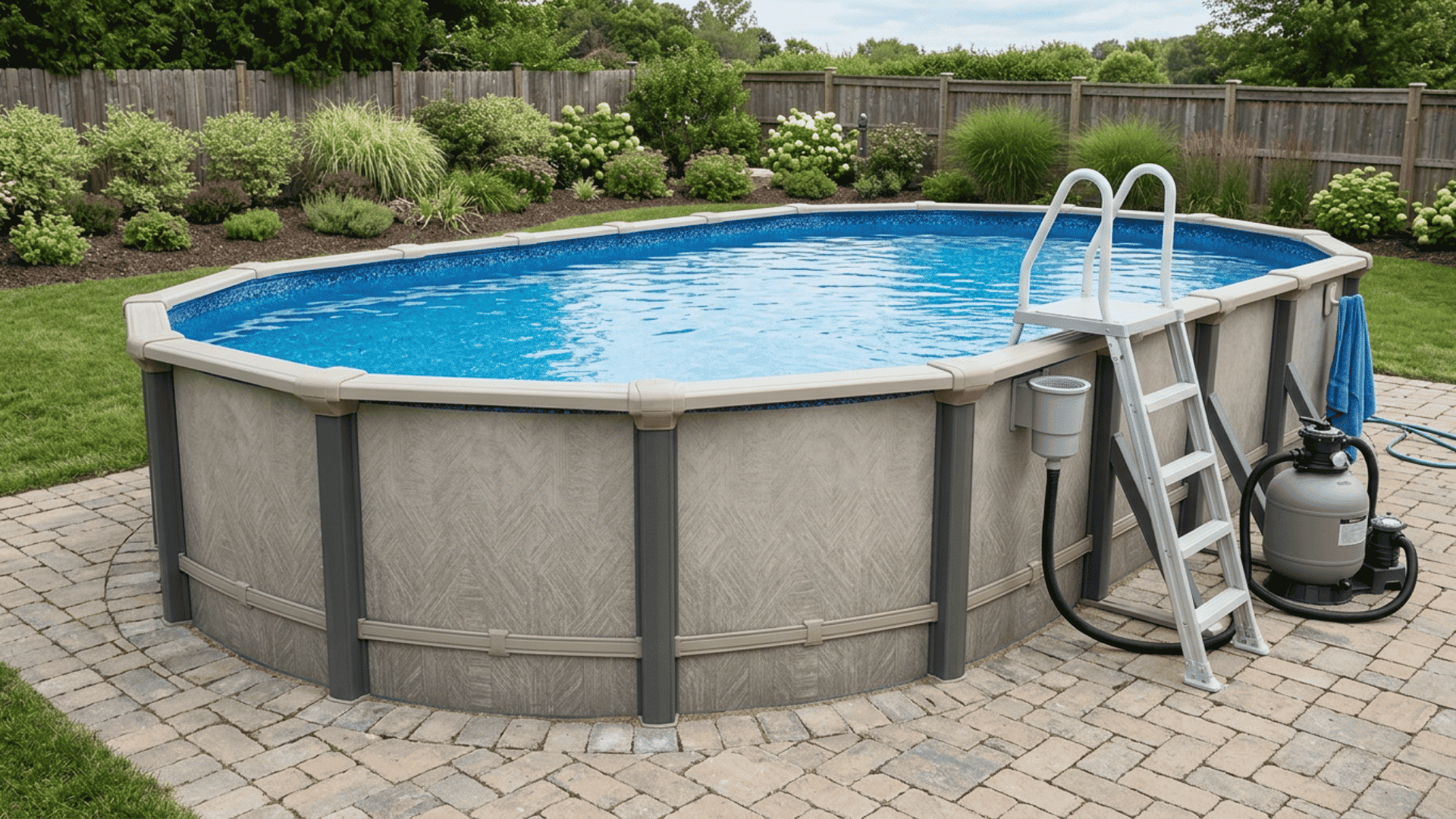 large above ground pool with ladder and filter system on a paved patio beside landscaped backyard gardens