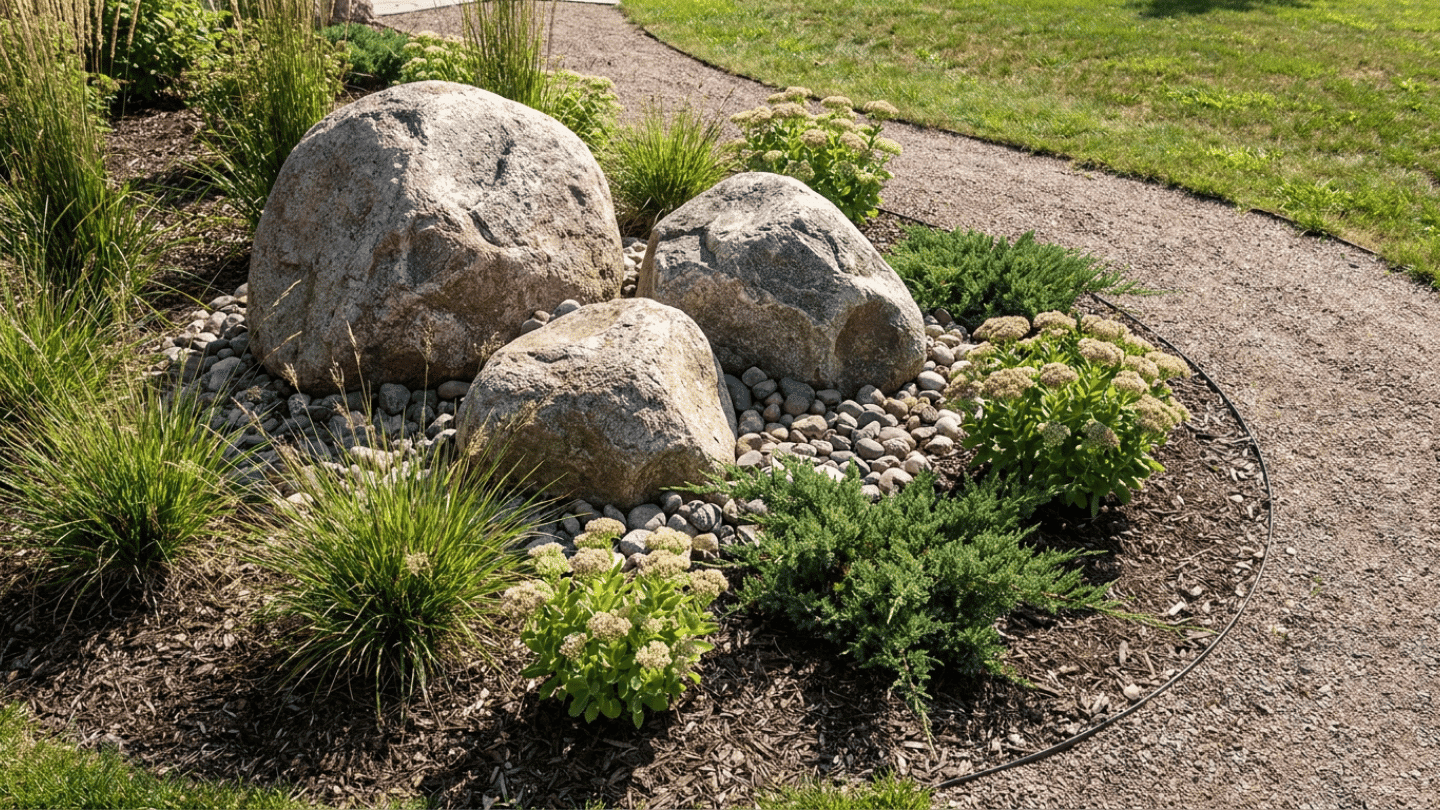 large decorative boulders surrounded by grasses shrubs and river rocks beside curved garden path in sunny yard