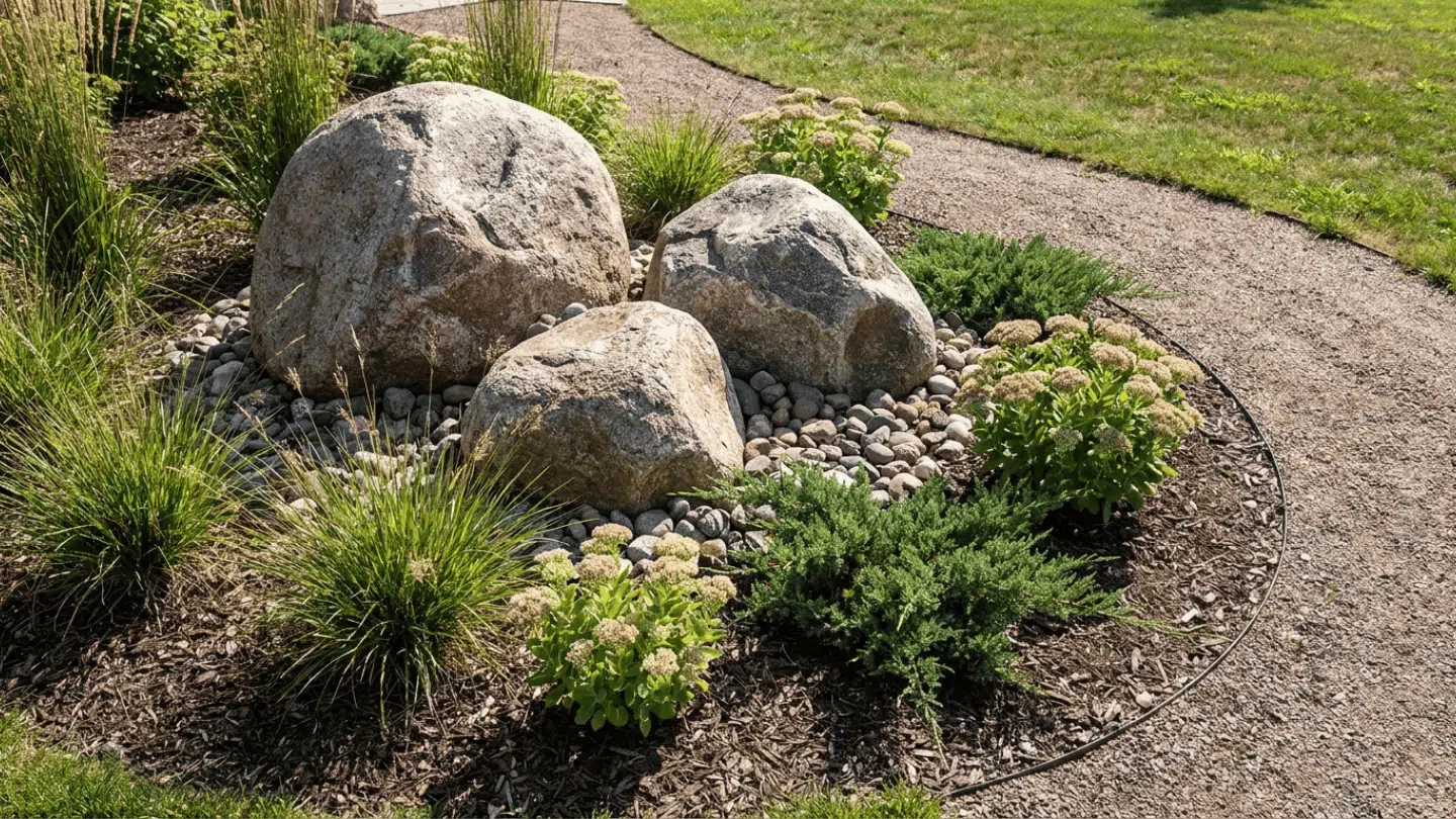large decorative boulders surrounded by grasses shrubs and river rocks beside curved garden path in sunny yard