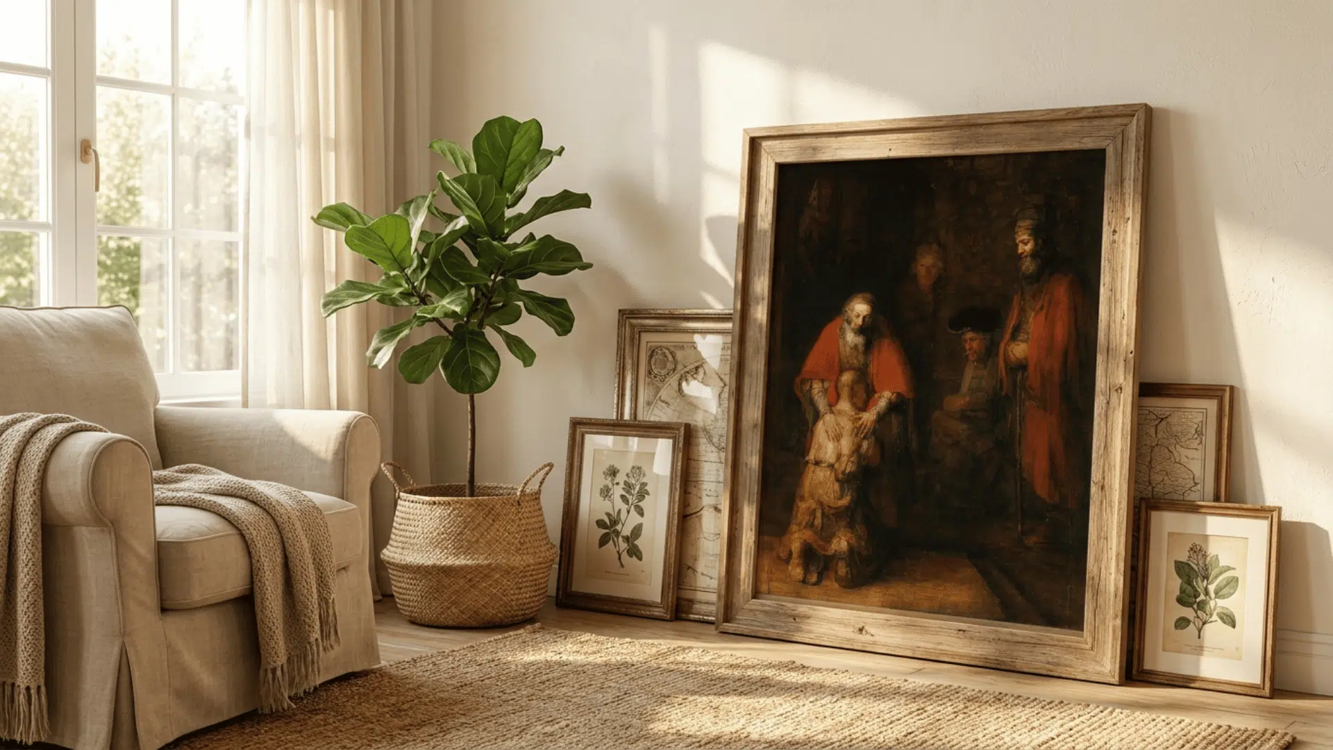 large framed artwork leaning against wall with layered decorative frames