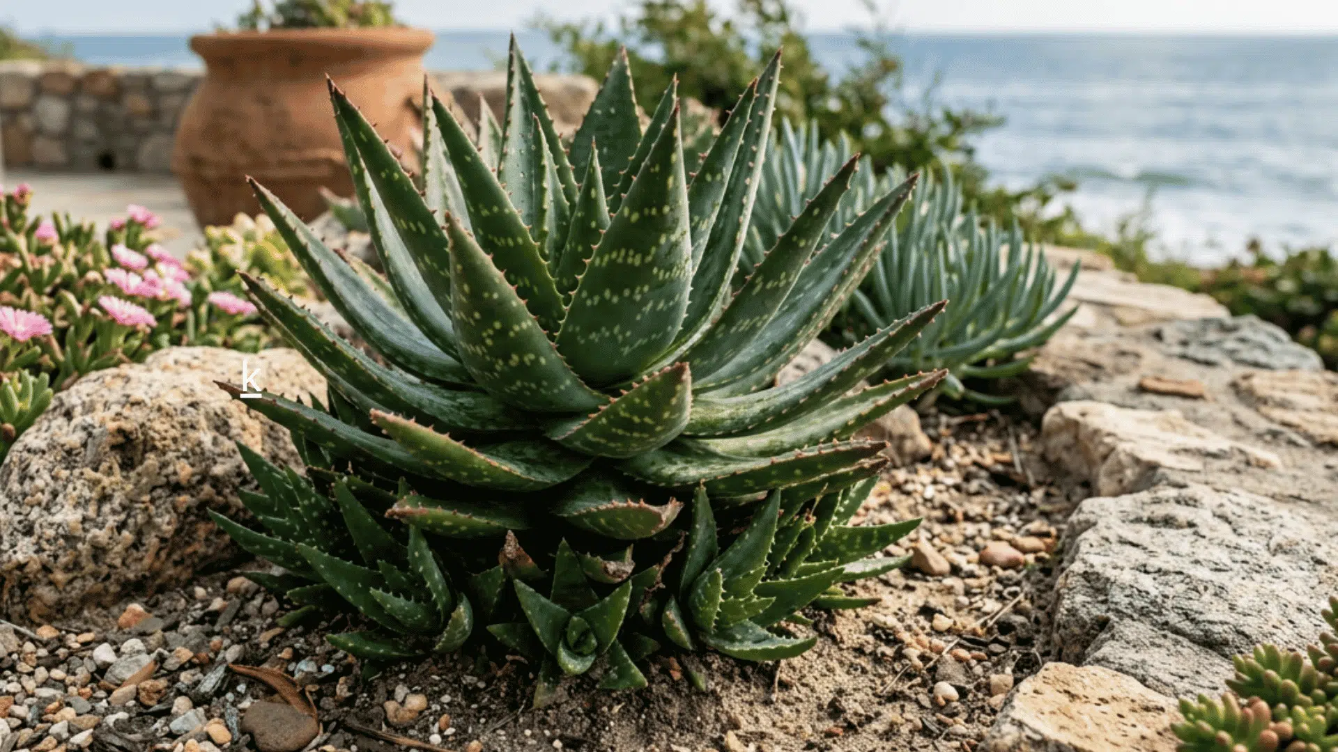 large green aloe succulent growing in a rocky coastal garden with ocean waves and pink flowers nearby