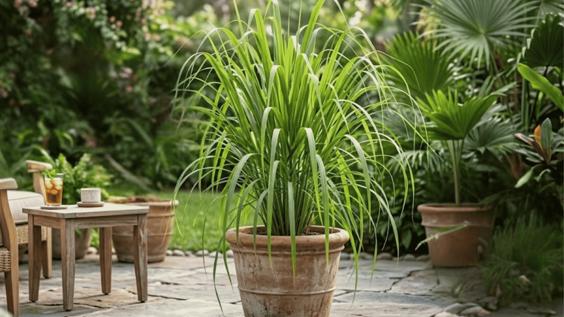 large green potted plant placed on a stone patio surrounded by lush tropical garden furniture