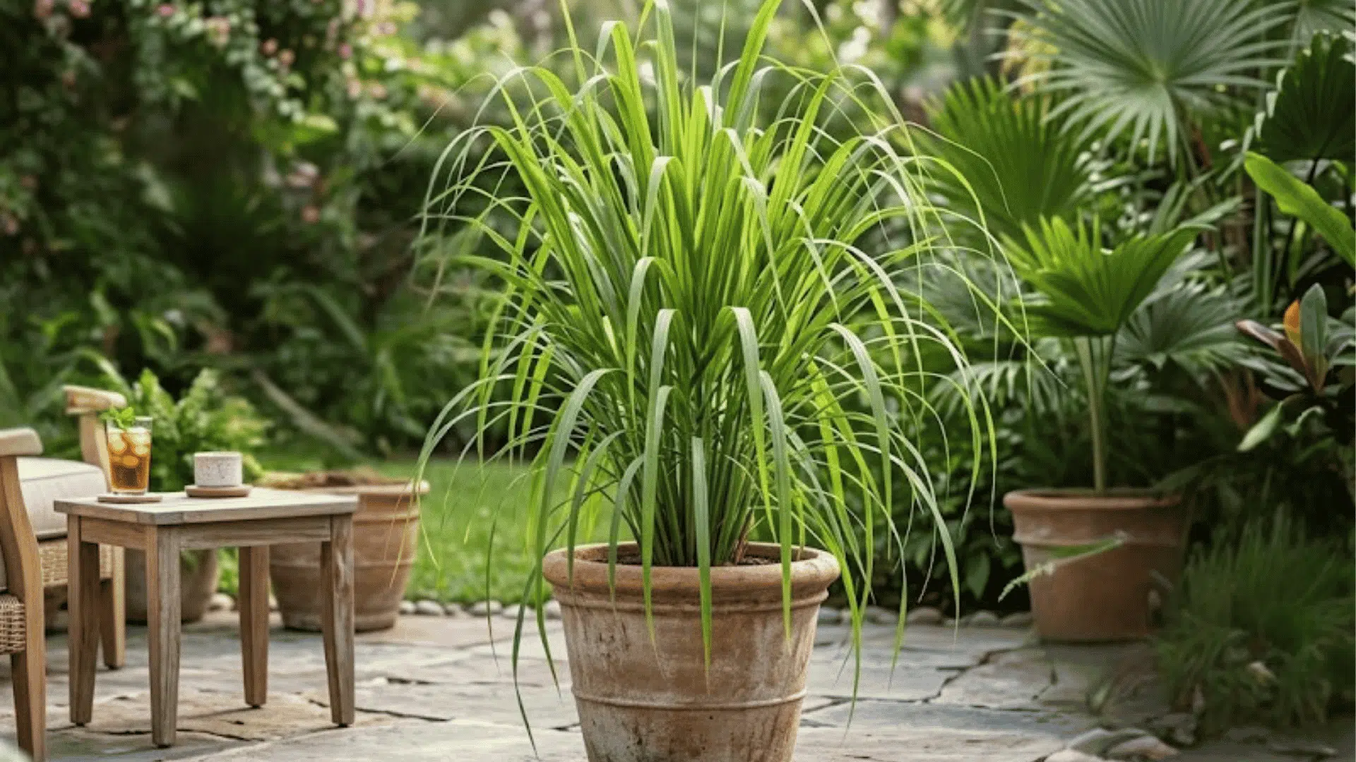 large green potted plant placed on a stone patio surrounded by lush tropical garden furniture