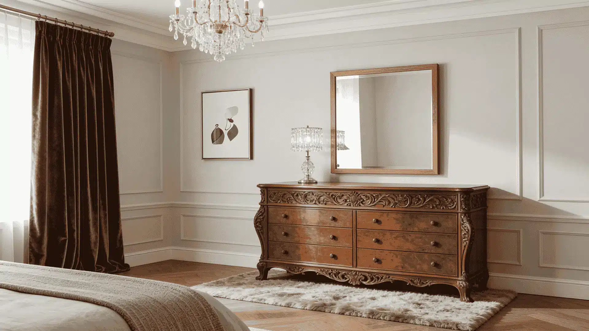 traditional bedroom with carved wooden dresser mirror crystal chandelier brown curtains and soft rug