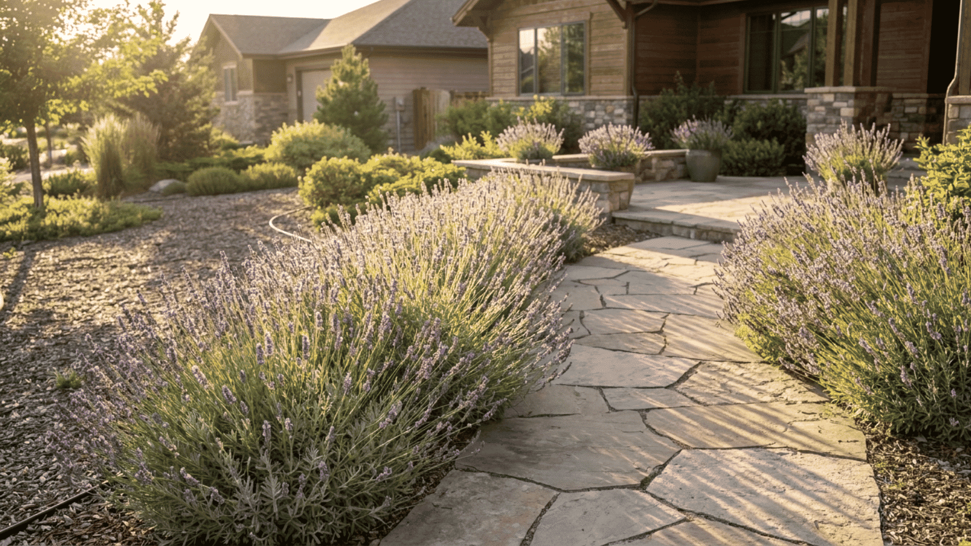 Lavender blooming purple lavender lining bright garden pathway with soft relaxing outdoor atmosphere