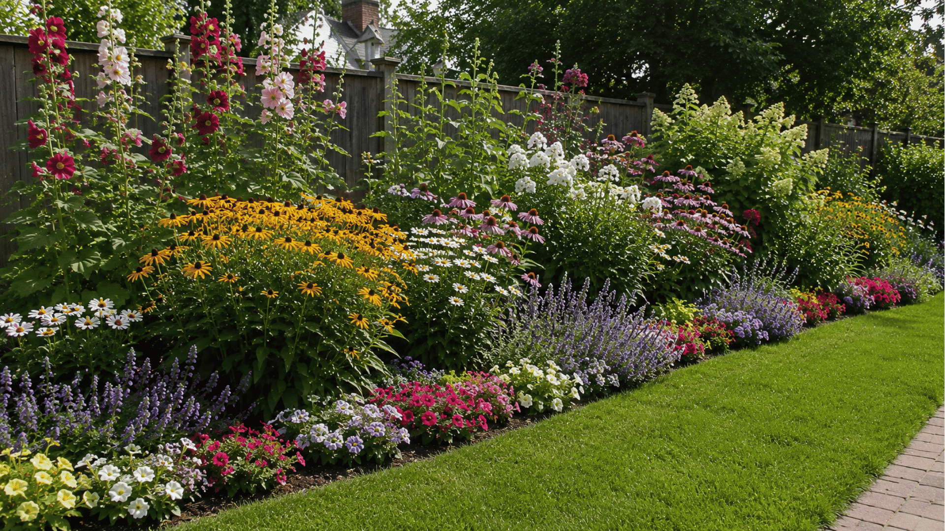 layered border garden with tall medium and low growing flowers in structured rows
