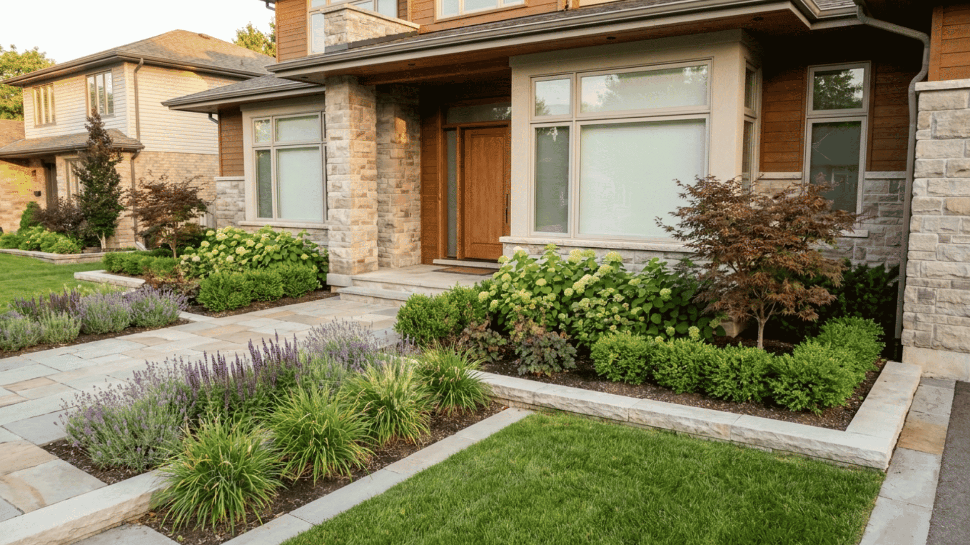 layered front yard landscaping with neat shrubs beside walkway and home entrance