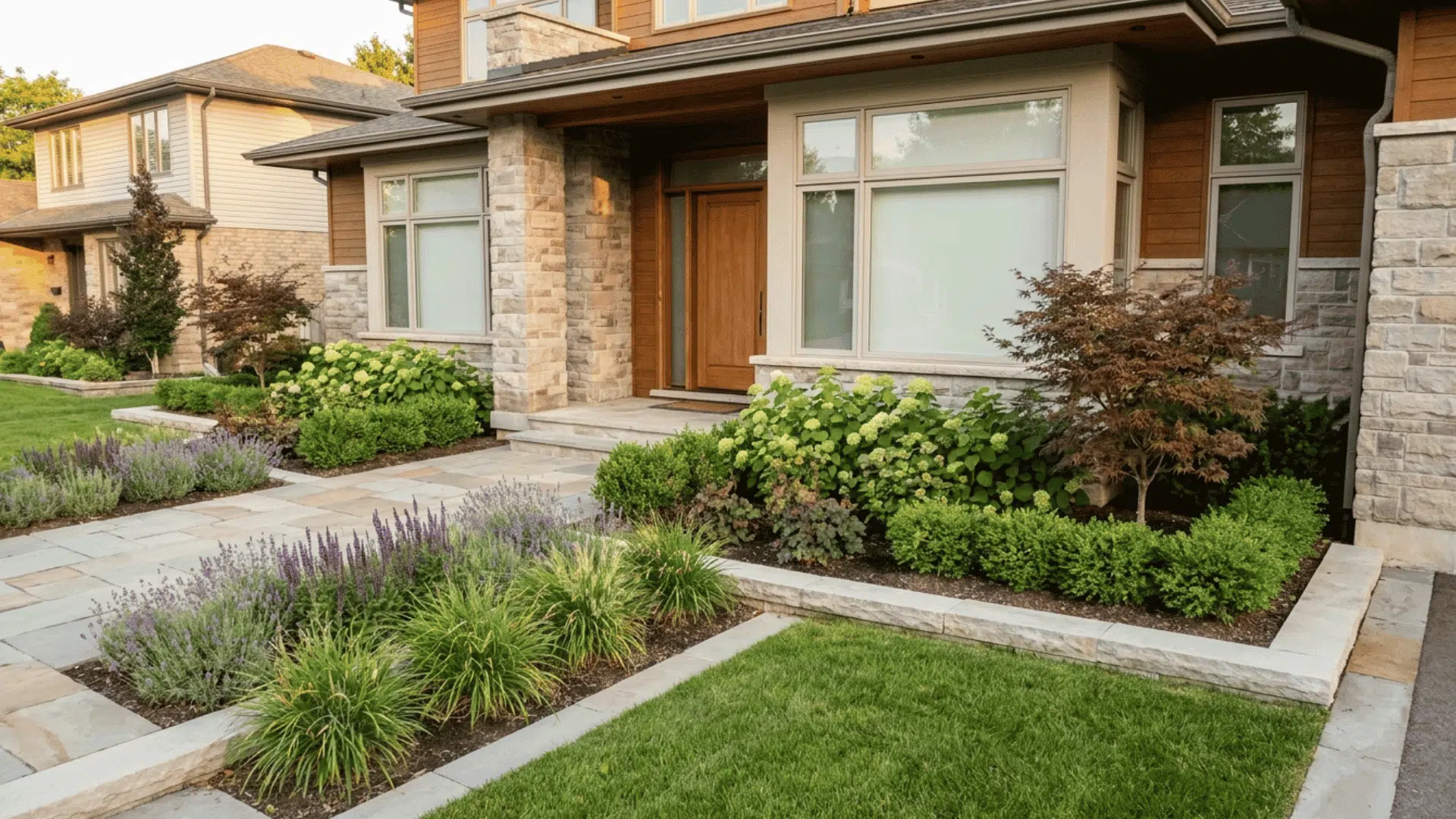 layered front yard landscaping with neat shrubs beside walkway and home entrance