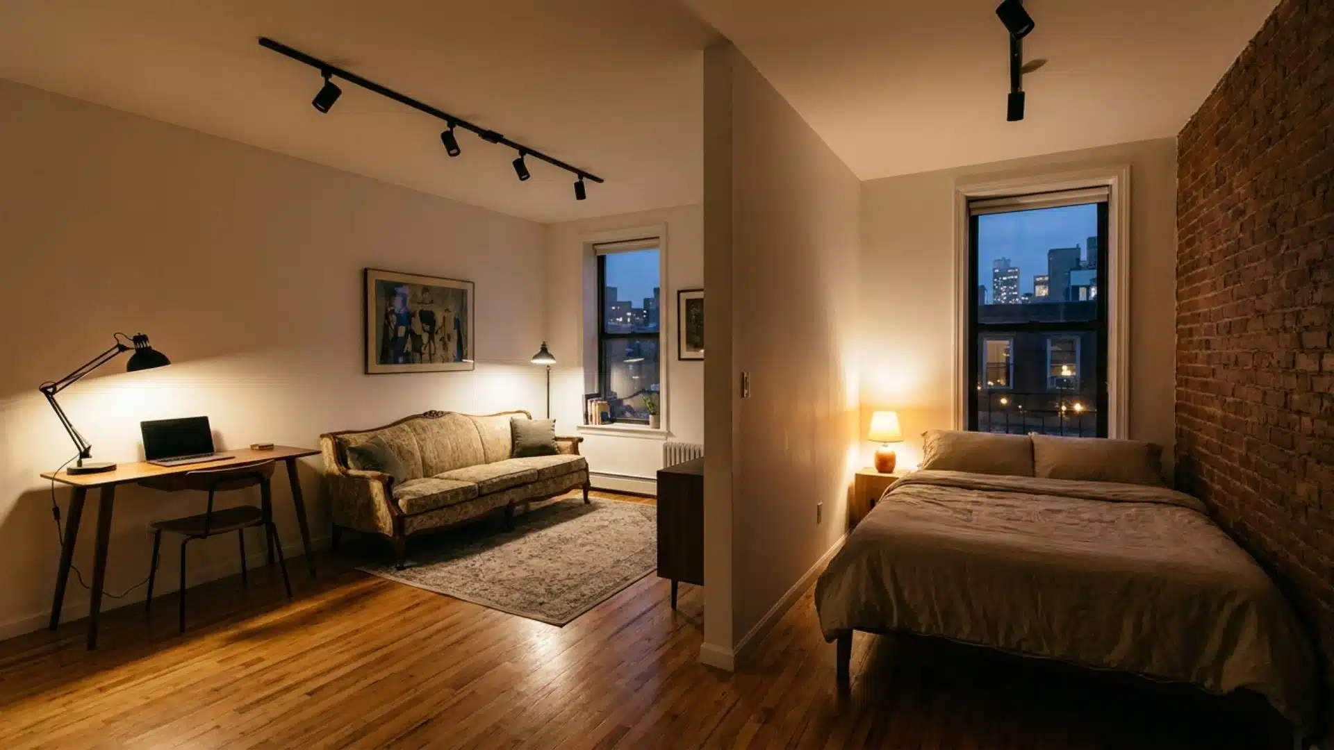 track lighting and warm lamps used to separate sleeping, working, and lounging zones in a studio apartment at night