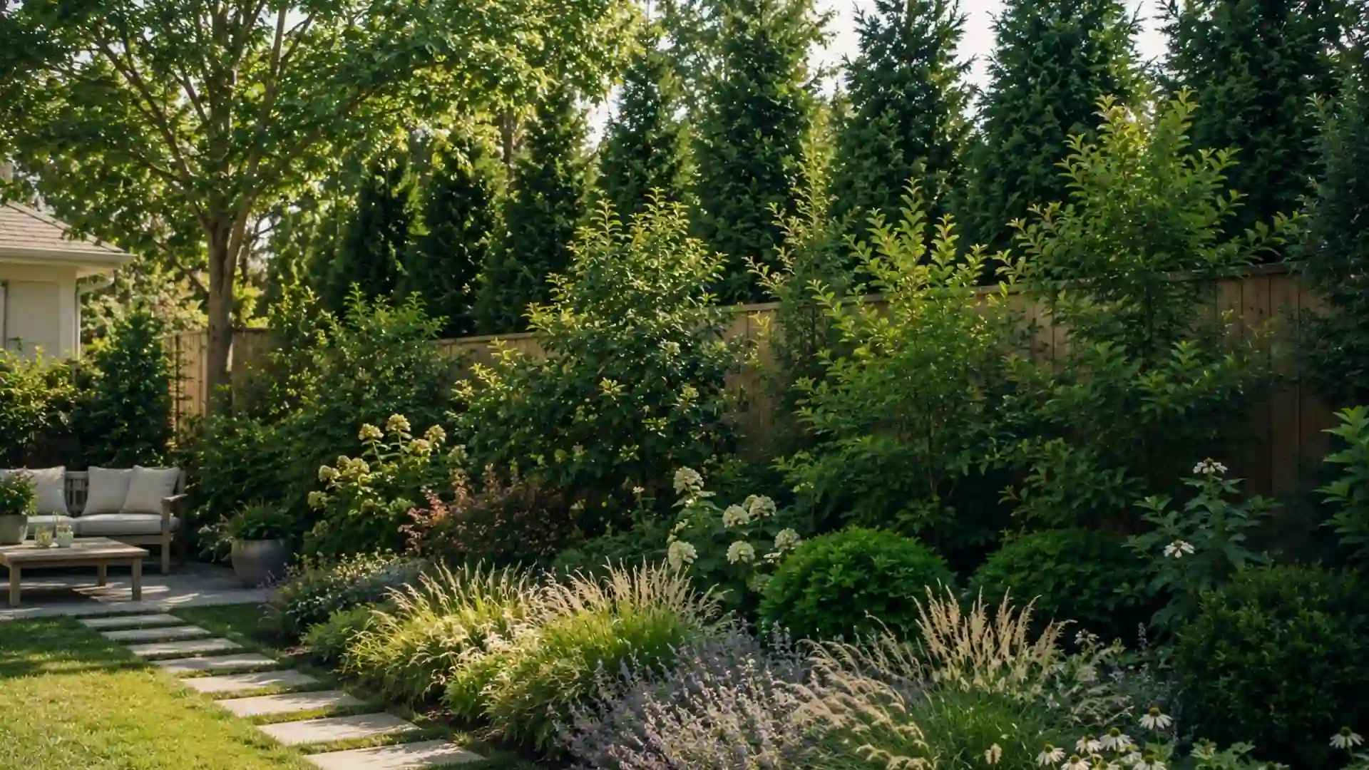 layered backyard garden with evergreen trees, shrubs, grasses, flowers, and cozy patio beside stone pathway