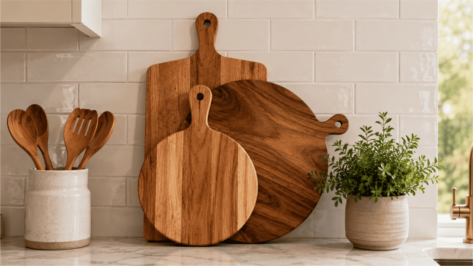 layered wooden cutting boards displayed on a kitchen countertop with utensil holder greenery and white tile backsplash