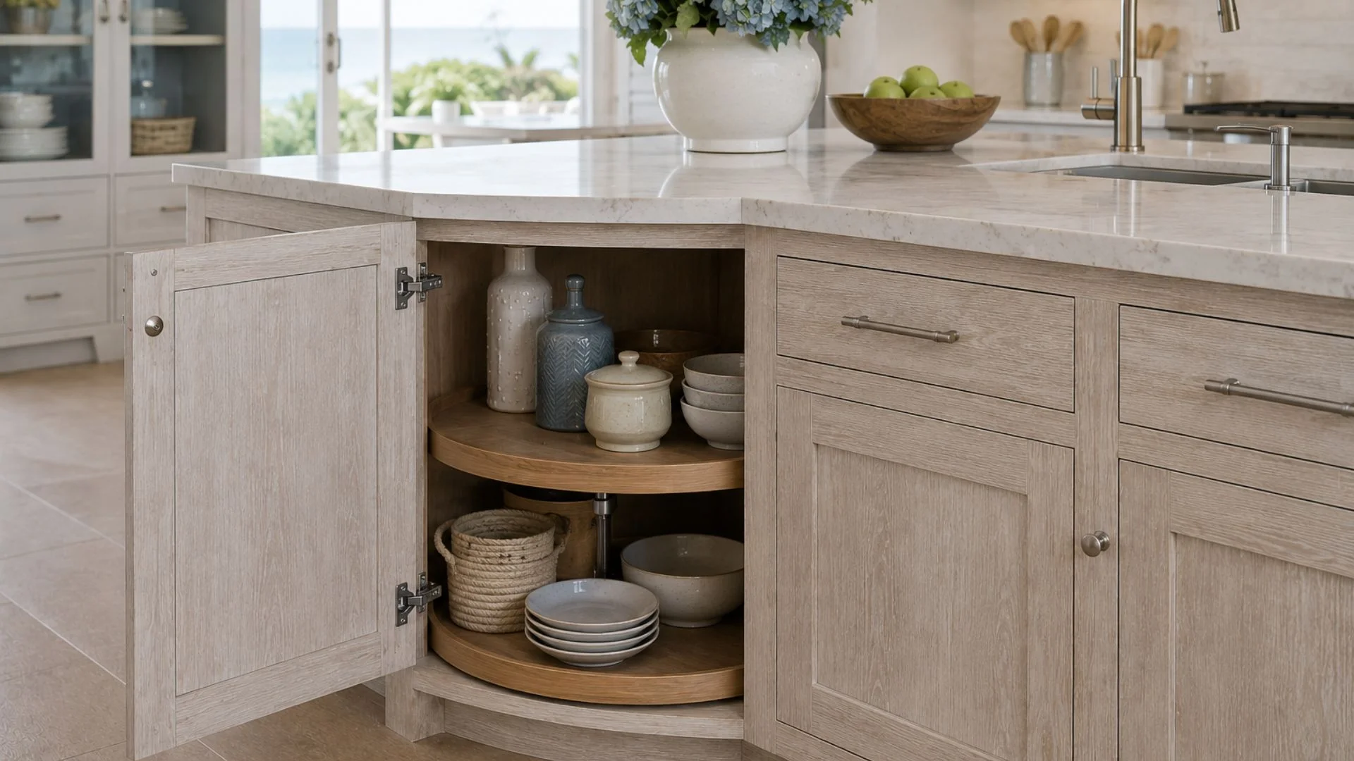 lazy susan corner cabinet open on whitewashed oak kitchen island showing rotating shelves with dishes