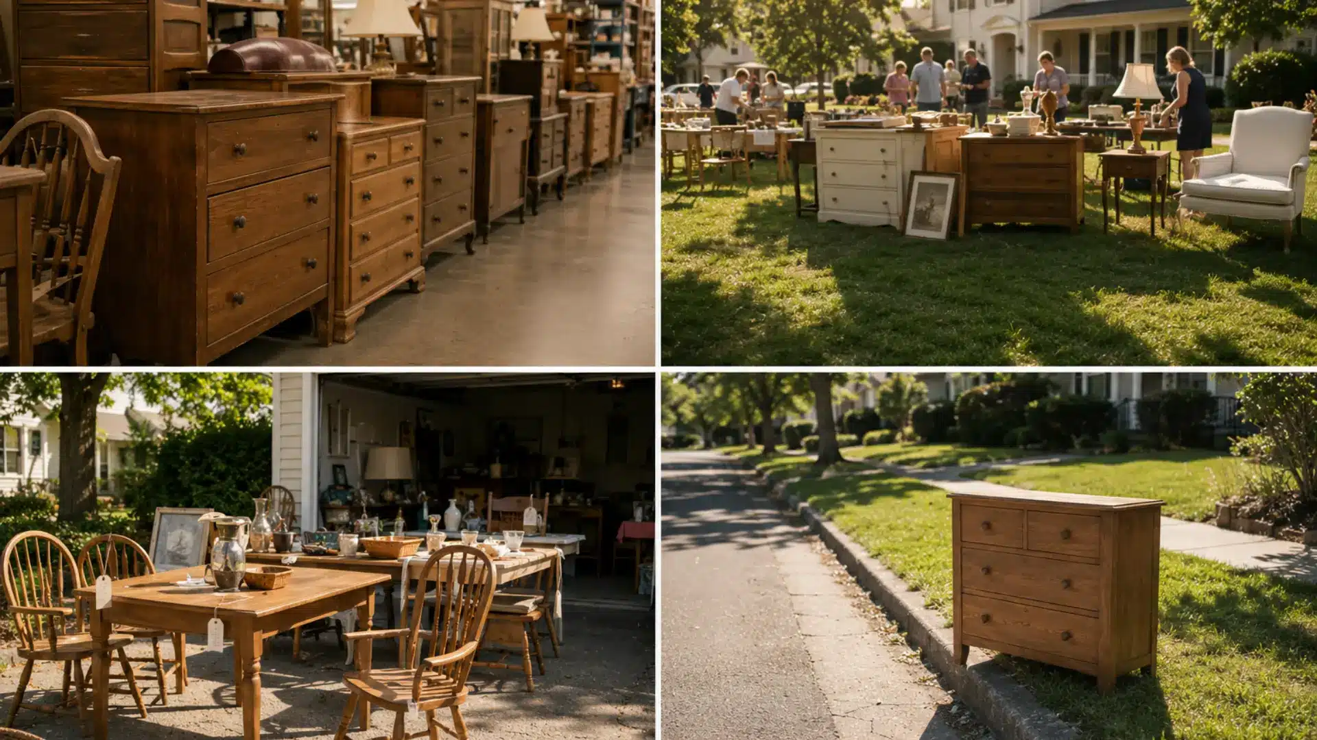 a warm lifestyle collage photograph divided into four equal quadrants showing the best places to source furniture for flipping, with the top left showing a thrift store furniture aisle, top right showing a front lawn estate sale with people browsing, bottom left showing an outdoor garage sale with wooden furniture and unreadable price tags, and bottom right showing a wooden dresser left on a suburban sidewalk curb on a sunny day, all panels consistently lit with natural light