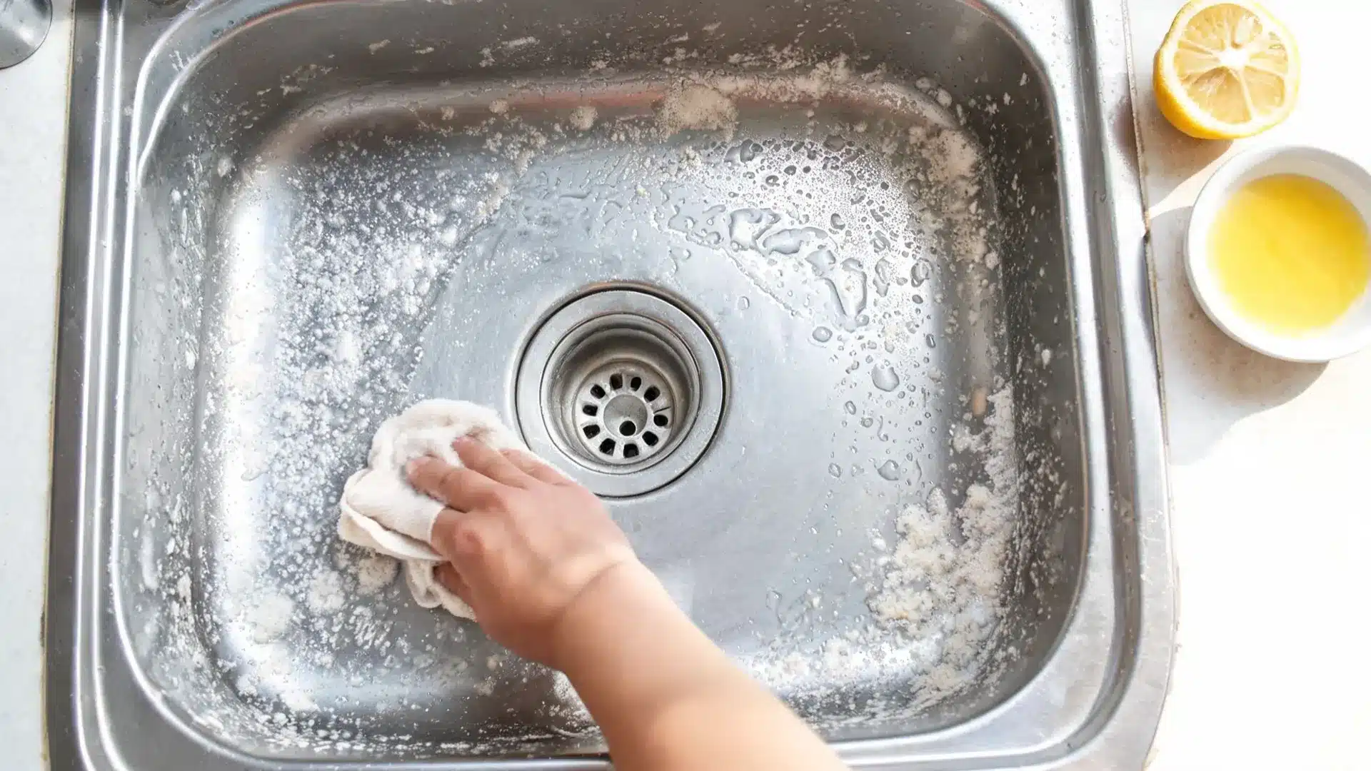 hand wiping stainless steel sink, chalky water spots visible across basin, squeezed lemon half and juice bowl nearby