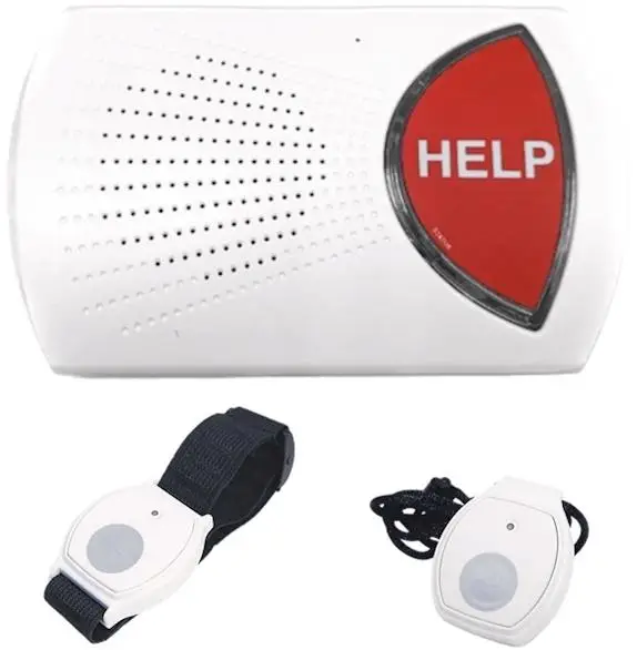Emergency alert system with white wall unit and two wearable pendants
