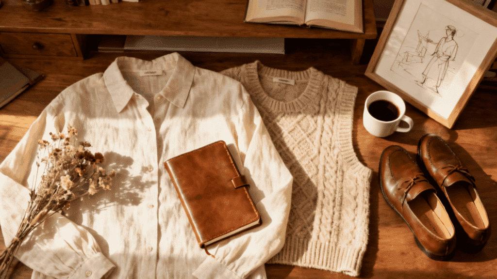 light academia aesthetic with linen shirt knitted vest books warm neutral colors and timeless style