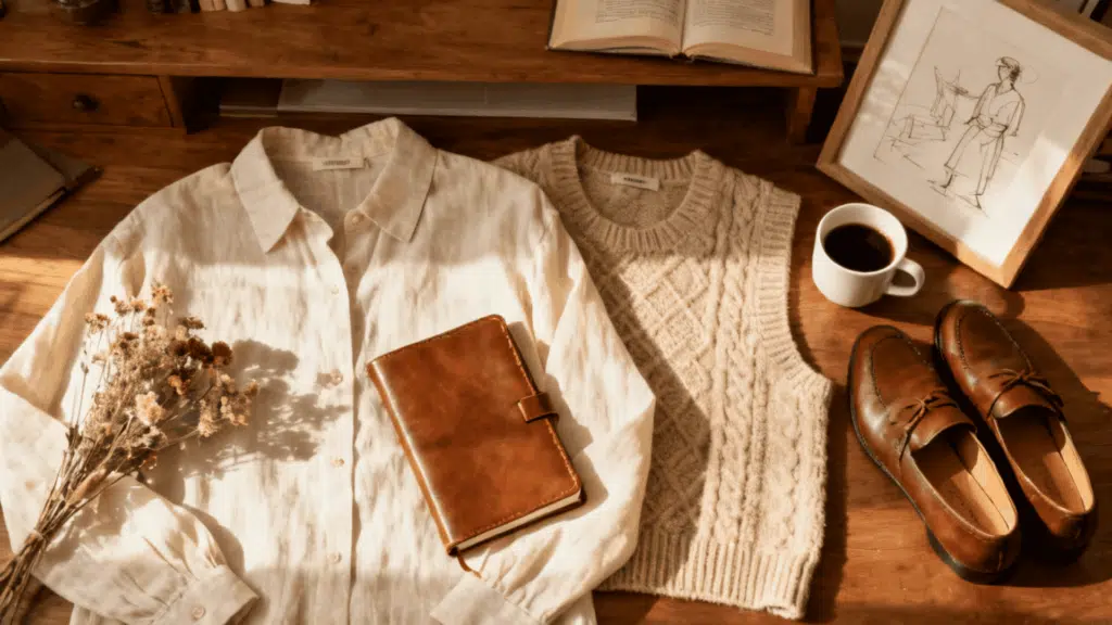 light academia aesthetic with linen shirt knitted vest books warm neutral colors and timeless style