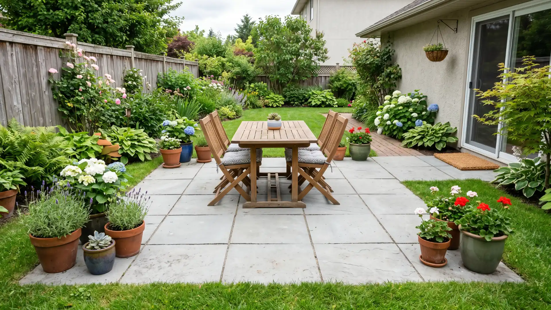 _light grey square stone pavers laid in a clean grid pattern on a small backyard patio surrounded by grass and potted plants along the edges
