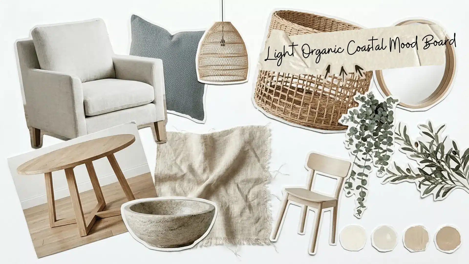 light organic coastal mood board with pale oak rattan linen stone bowl blue gray pillow and woven lighting