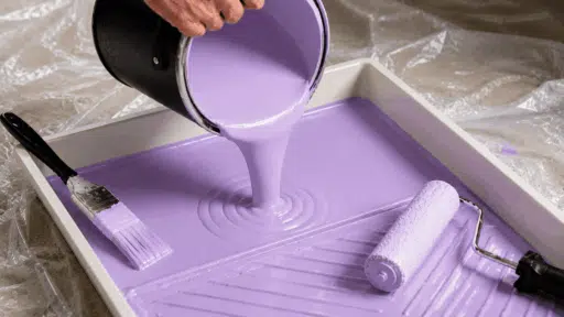 light purple enamel paint pouring into a tray with brush and roller on a protected work surface