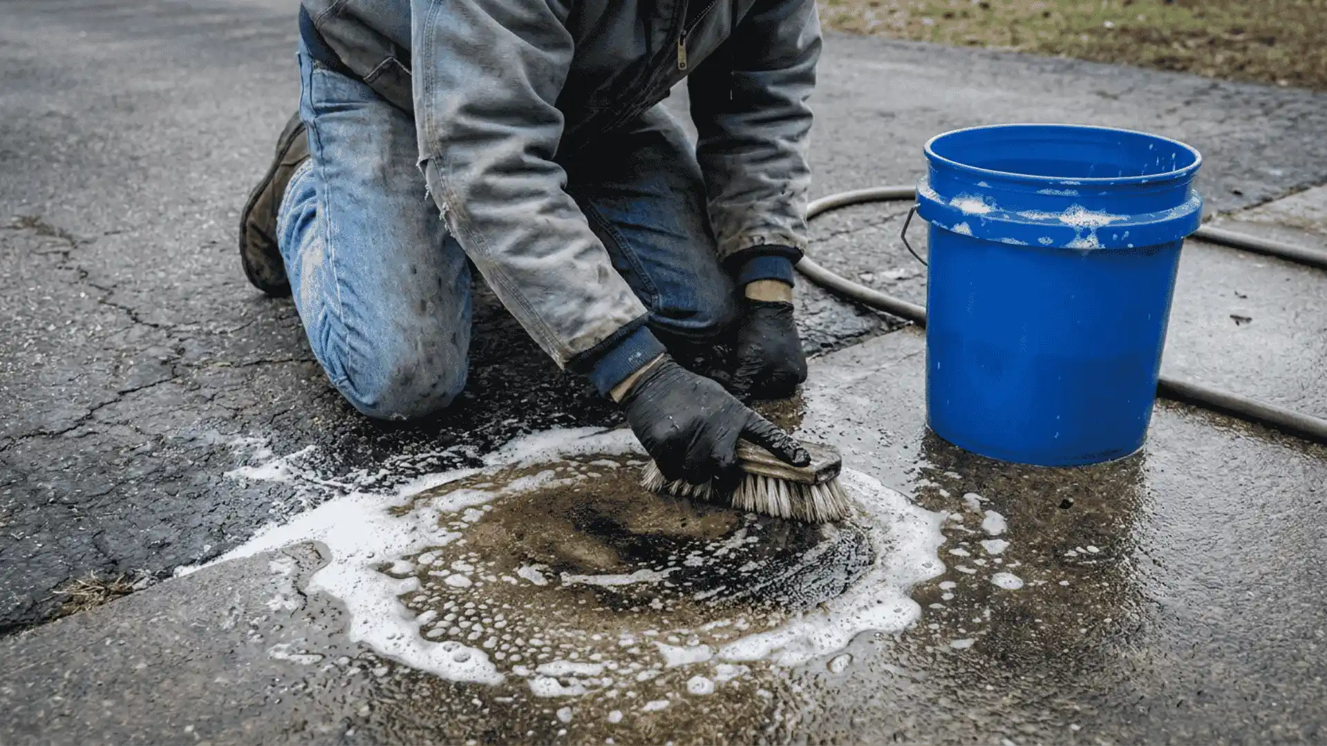 person kneeling on a driveway scrubbing a light oil stain with a soapy bristle brush