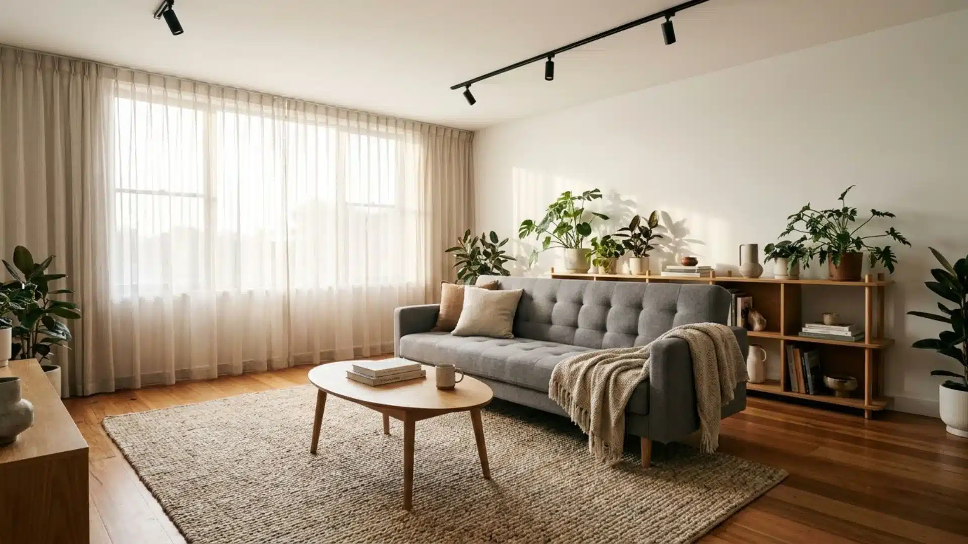 a bright living room with light furniture, sheer curtains, indoor plants, and soft natural sunlight throughou