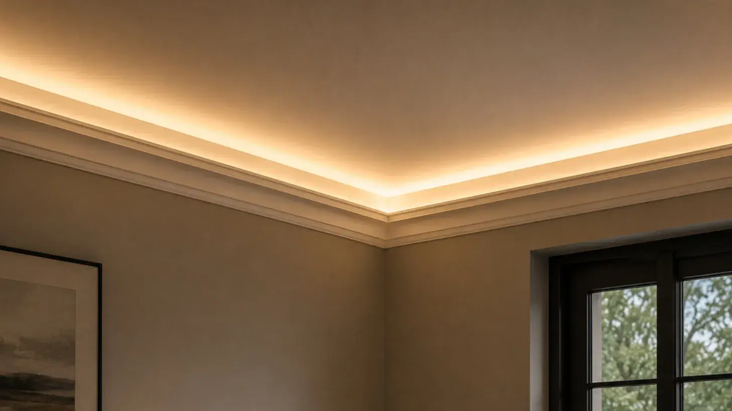 crown molding with warm hidden led lighting glowing along the ceiling corner