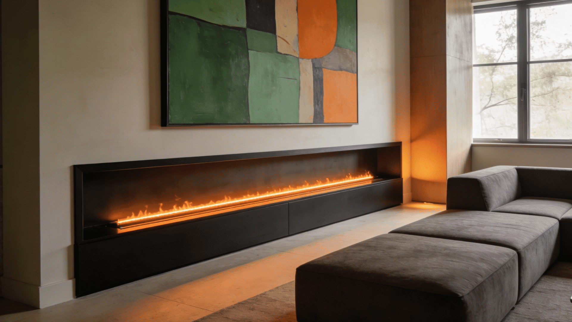 linear gas fireplace with a blackened steel surround and a thin ribbon of flame beneath a large abstract painting in a minimal living room with a dark grey sectional sofa