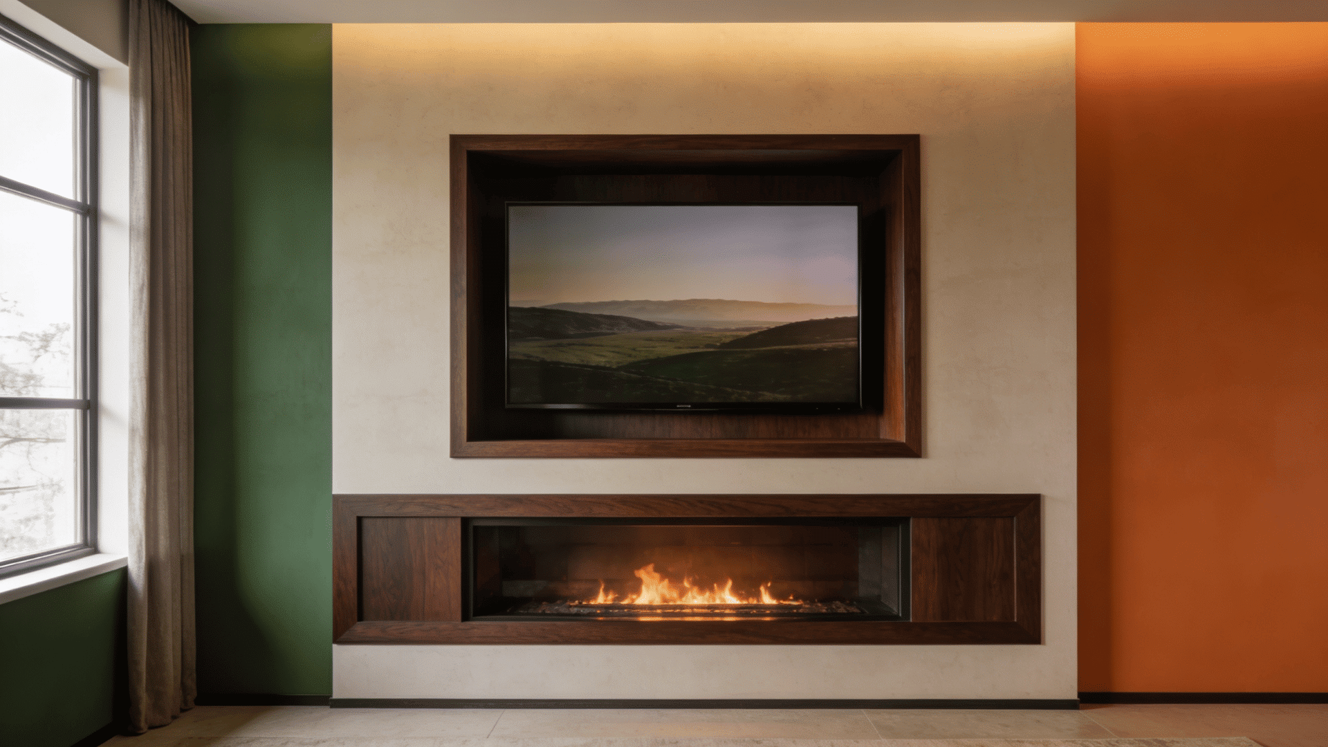 linear gas fireplace with a blackened steel surround and a thin ribbon of flame beneath a large abstract painting in a minimal living room with a dark grey sectional sofa (1)