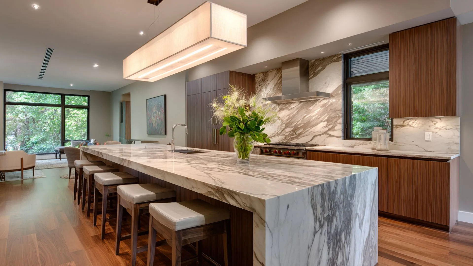 large rectangular linear suspension pendant hanging above long marble kitchen island with bar stools below