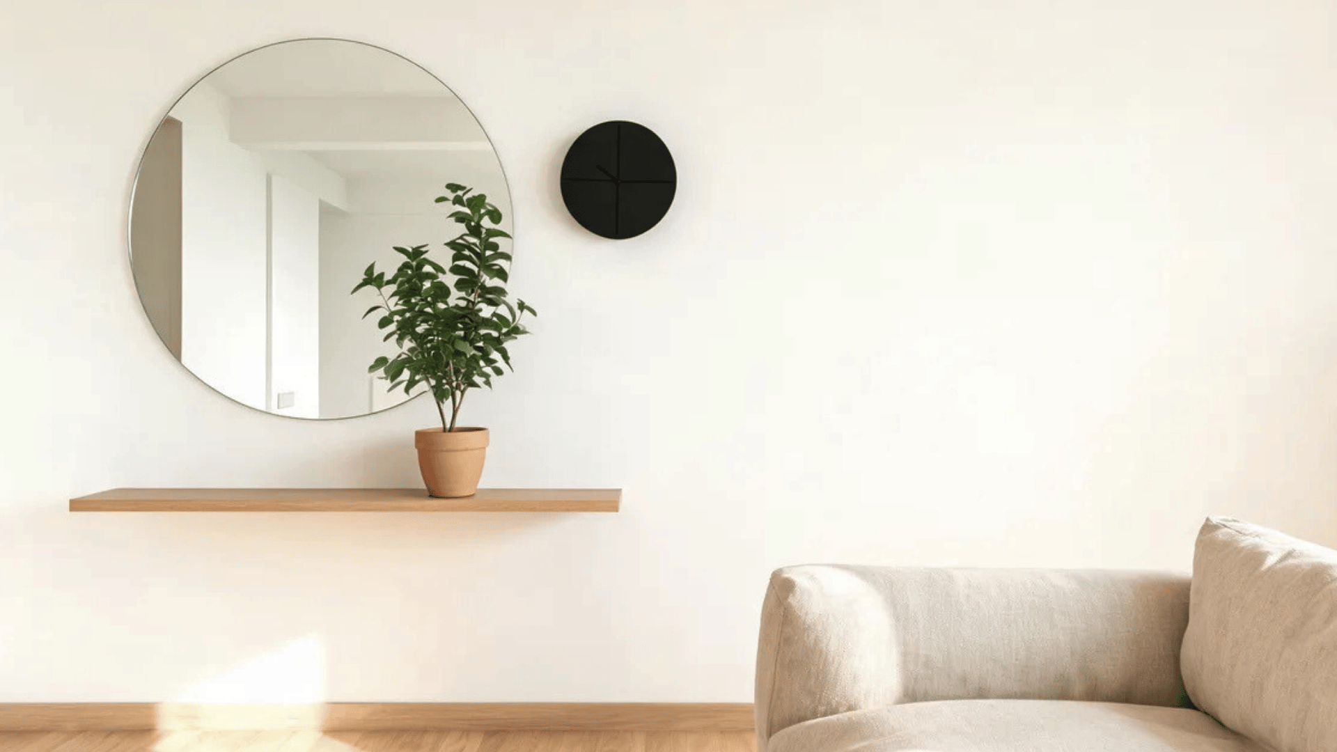 living area with round mirror small potted plant and beige sofa on wooden floor