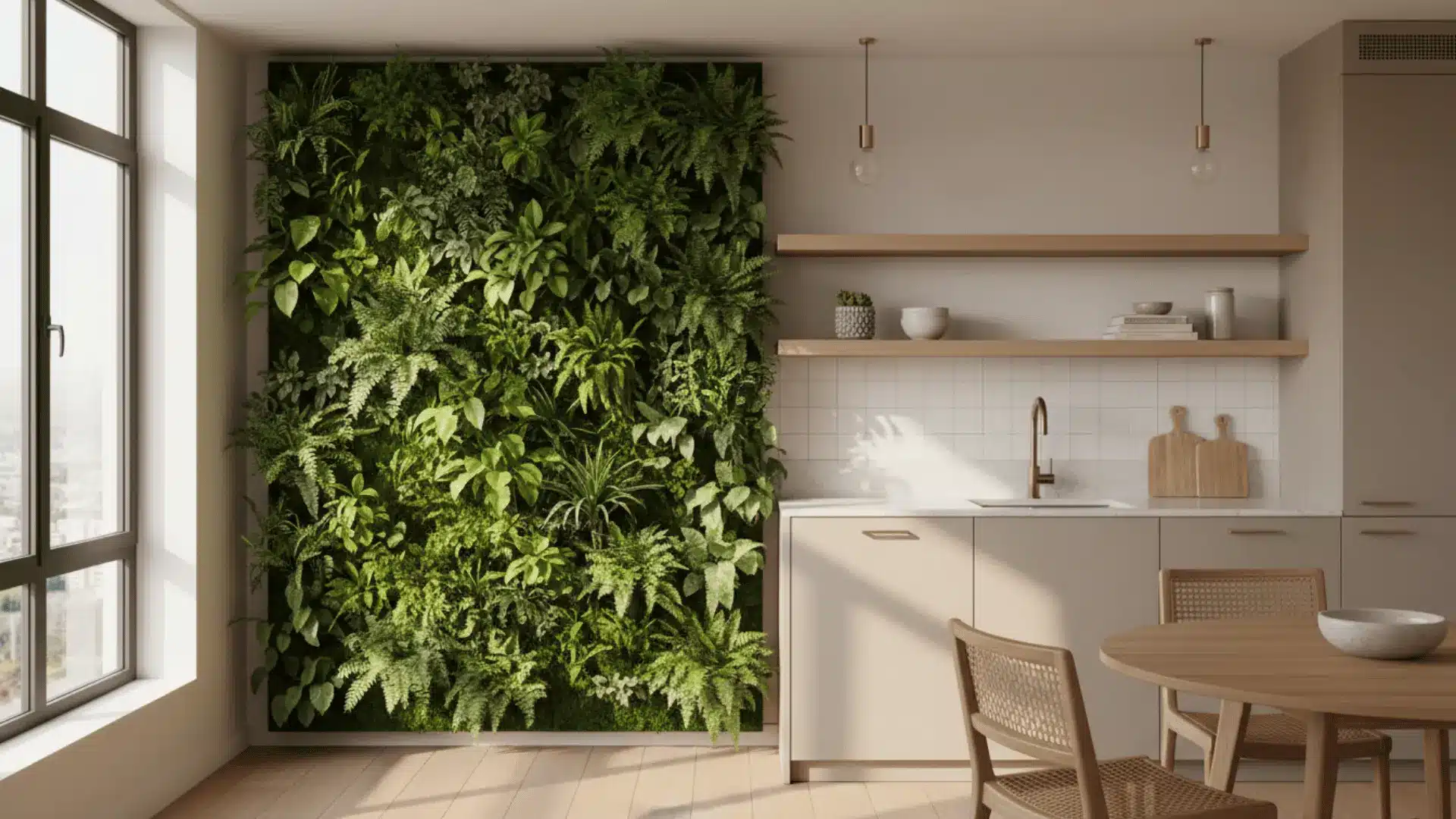 bright kitchen dining room with a lush green living wall pale cabinets open wood shelves round table and woven chairs