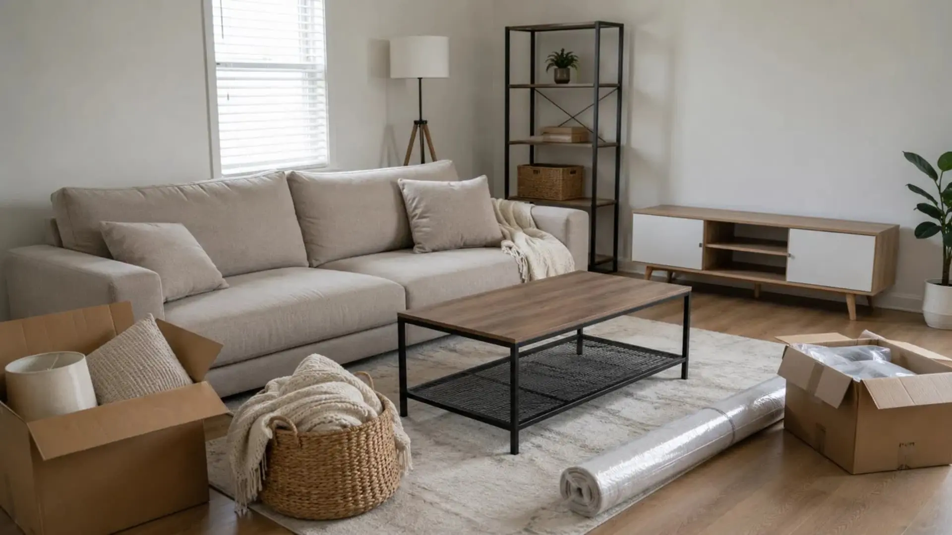 furnishing living room essentials including a sofa coffee table shelving and moving boxes