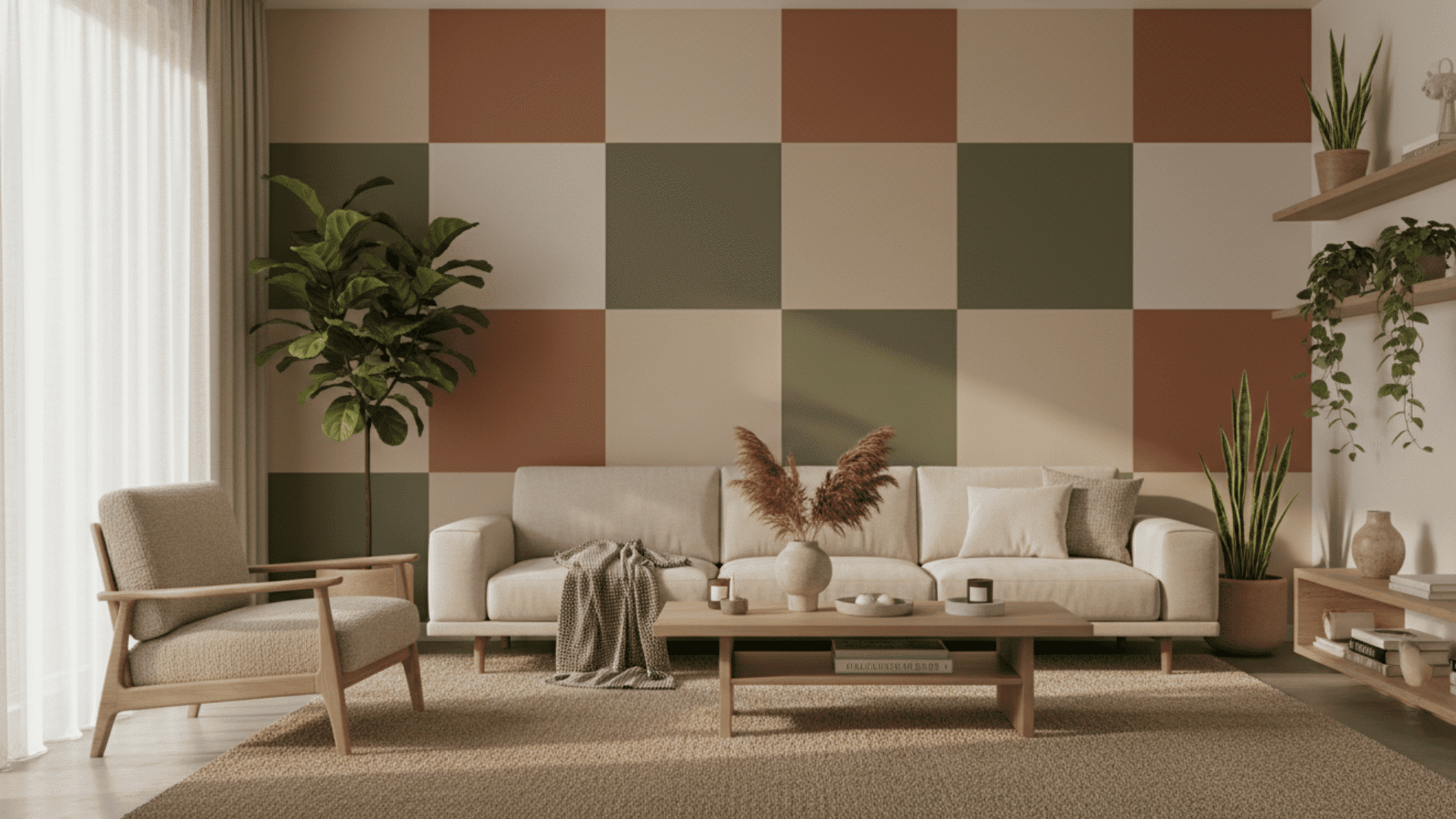 living room with checkerboard accent wall earthy tones and cozy modern decor