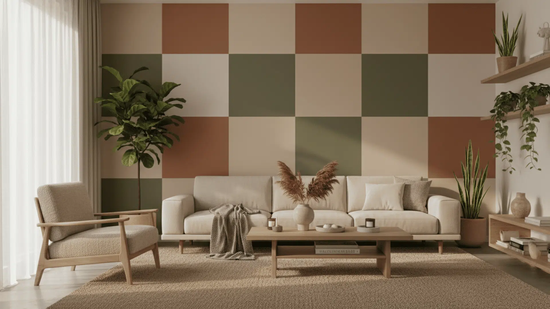 living room with checkerboard accent wall earthy tones and cozy modern decor
