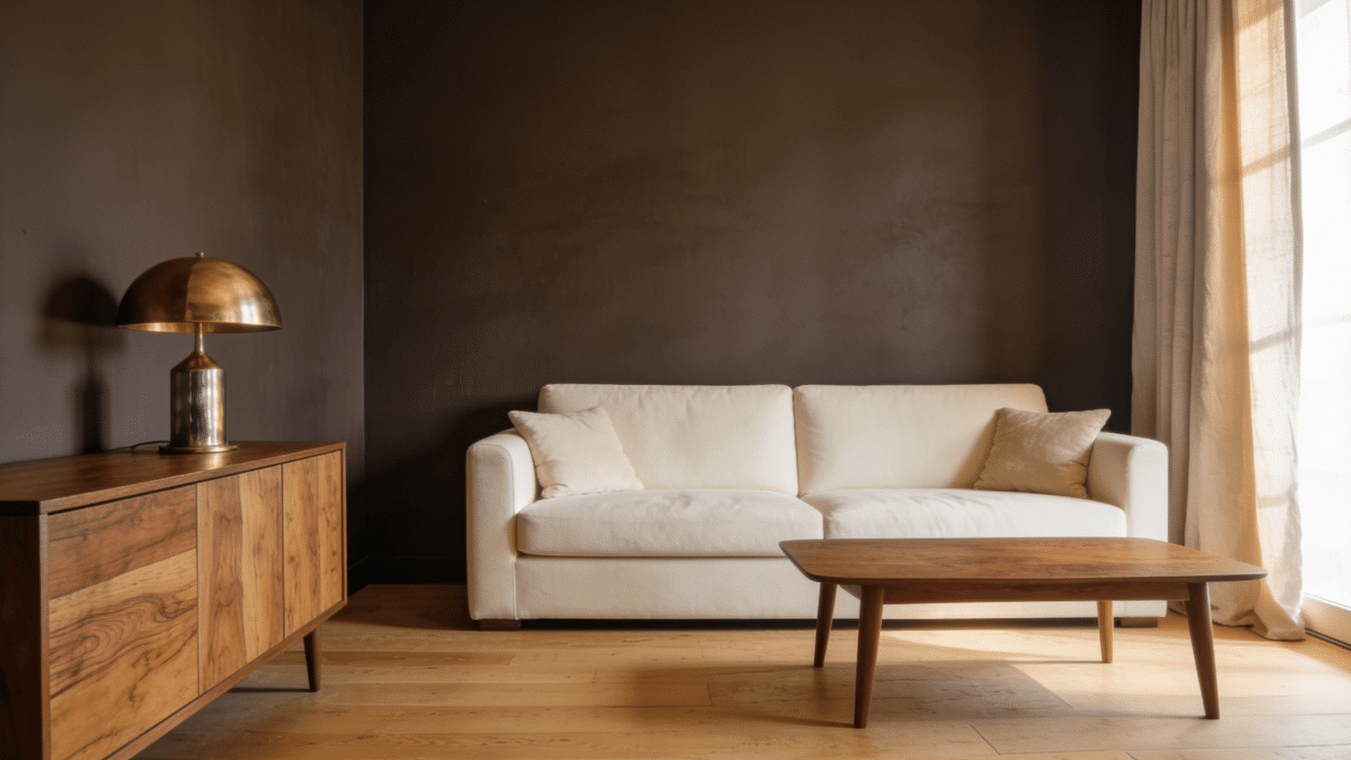 Living room with deep brown interior walls wood floor and soft daylight