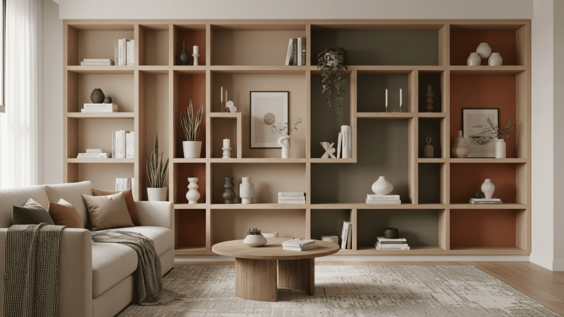 living room with painted wall niches earthy tones wooden shelves and cozy modern decor