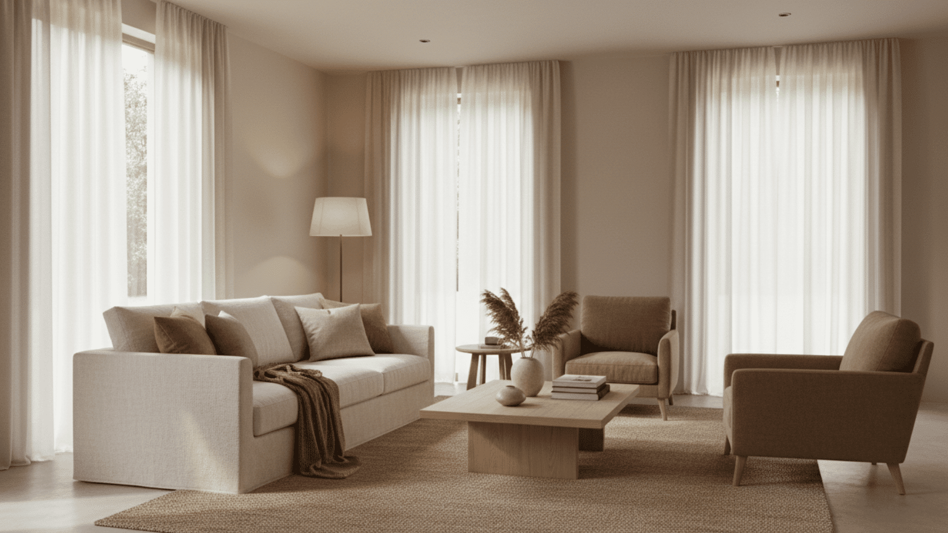 living room with warm neutral walls wooden furniture soft lighting and cozy modern decor