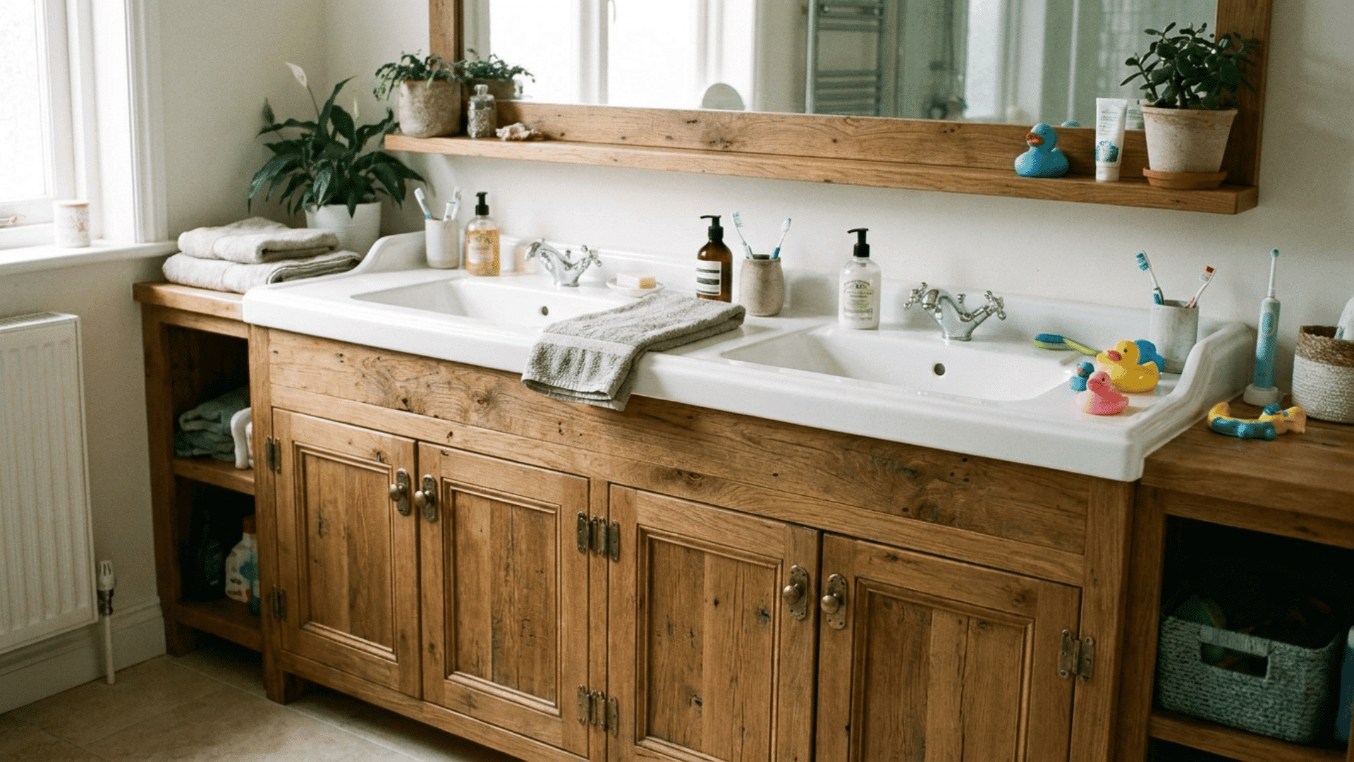 long diy double sink wood vanity with two basins and two sets of doors in a larger home bathroom
