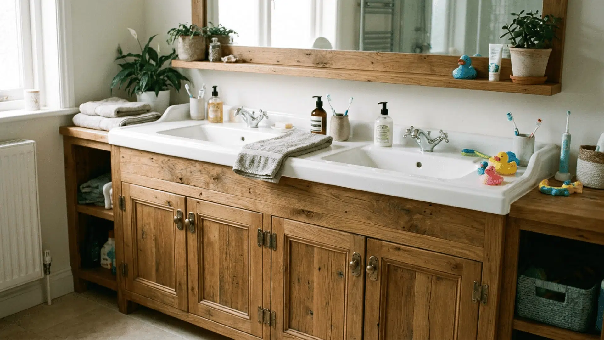 long diy double sink wood vanity with two basins and two sets of doors in a larger home bathroom