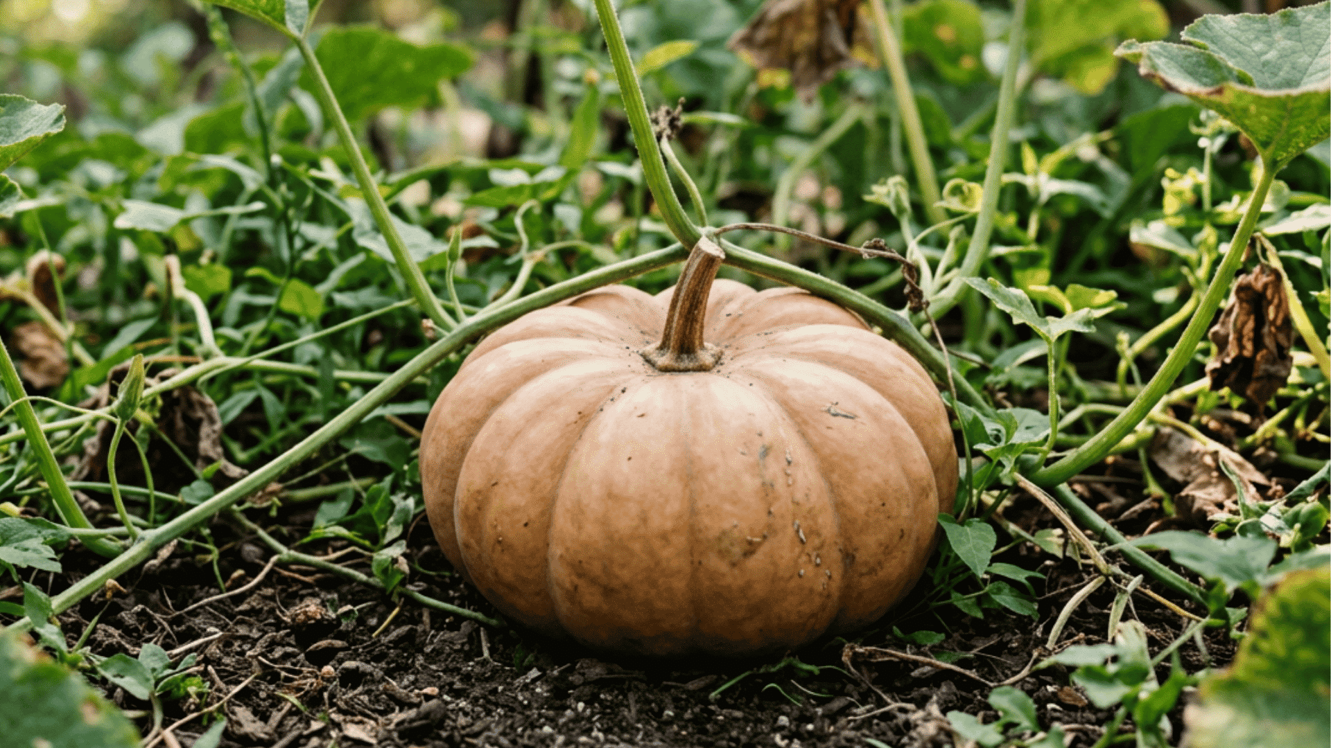 long island cheese pumpkin growing on dark garden soil surrounded by green vines curling tendrils and broad leaves