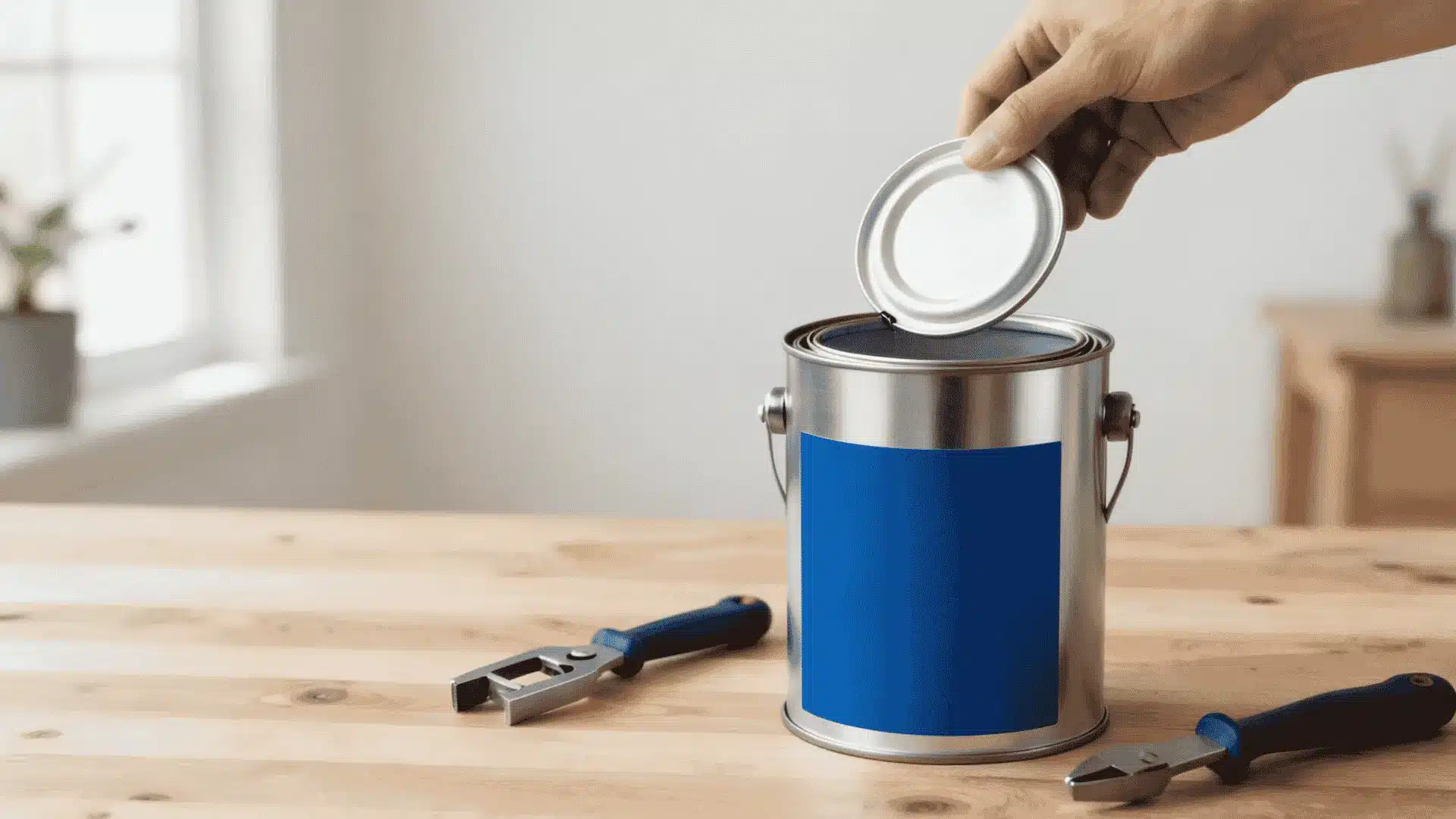 hand lifting paint can lid above open can with opener tools on wooden table in bright room