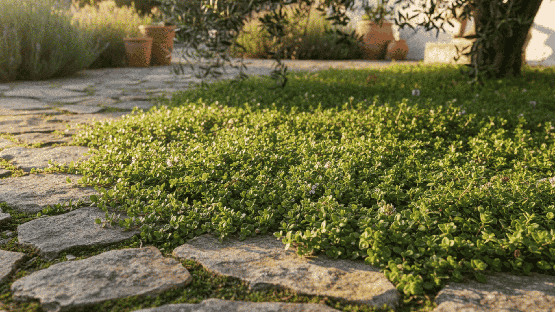 low green ground cover growing between stone pavers in a peaceful garden path