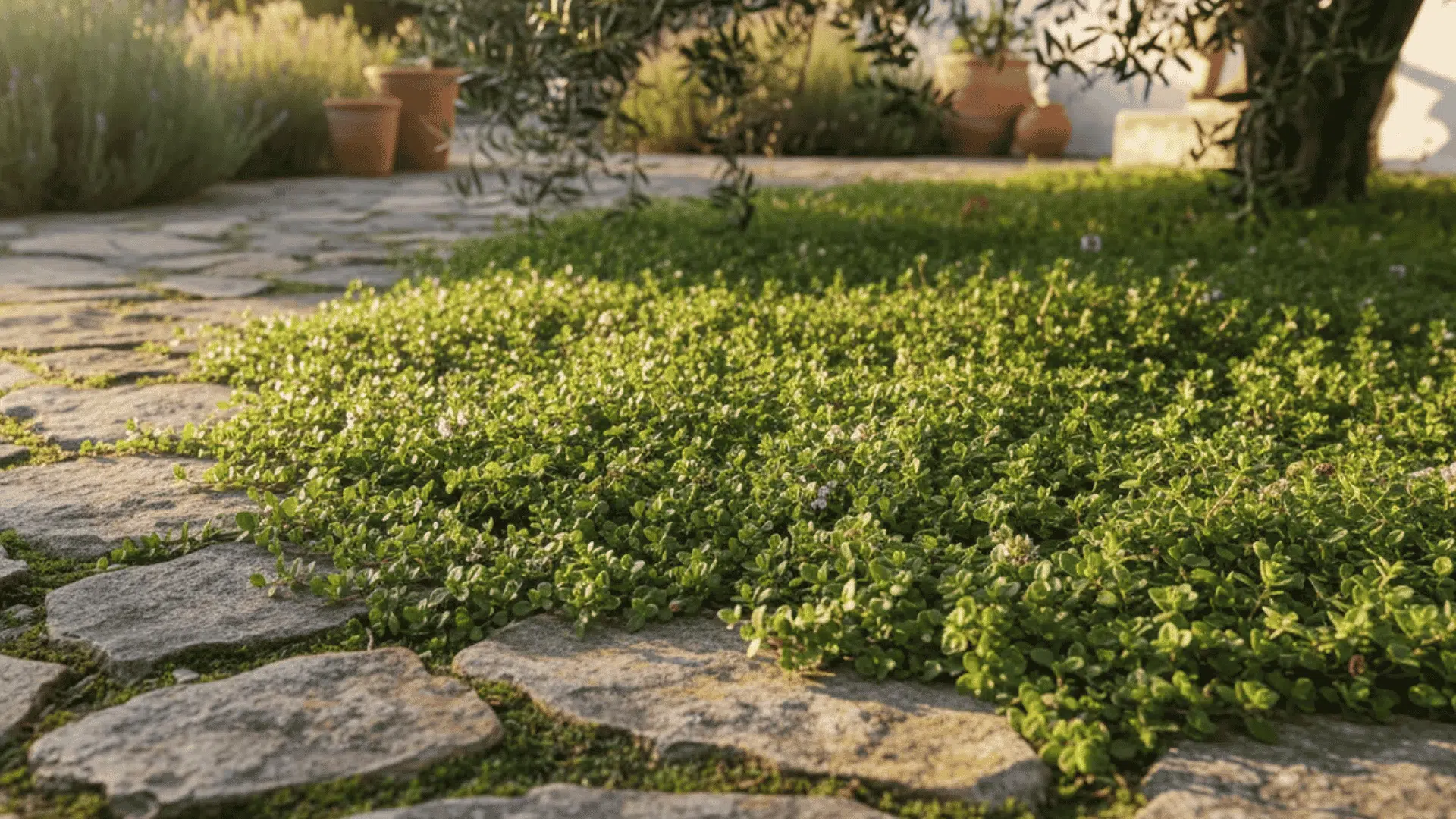 low green ground cover growing between stone pavers in a peaceful garden path