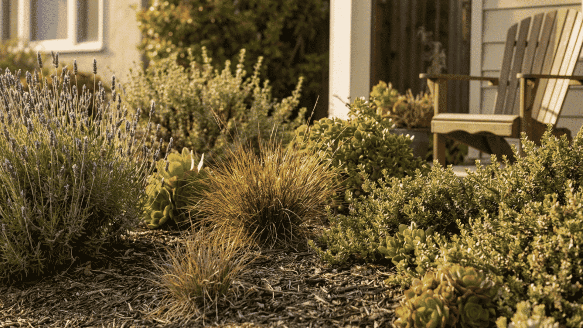 low maintenance drought tolerant plants growing neatly in a simple sunny front yard